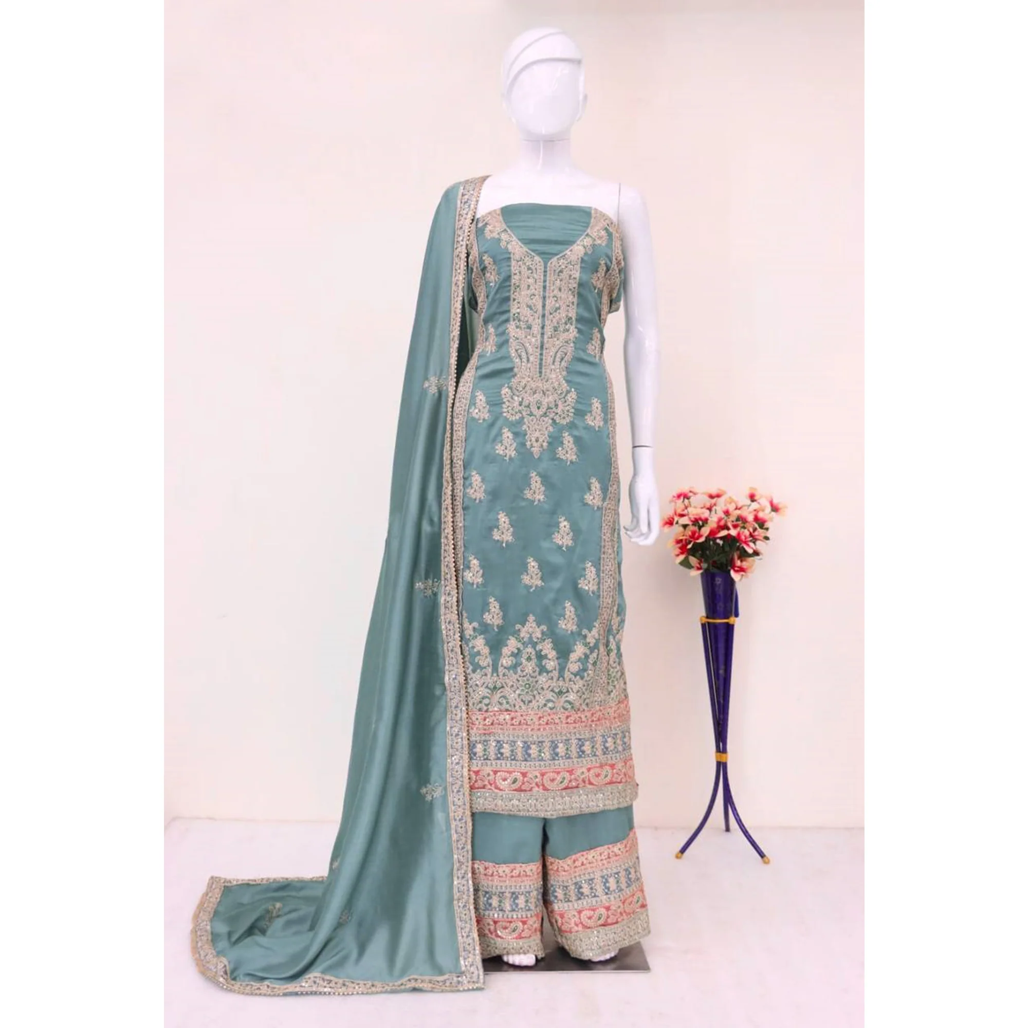 Light Teal Floral Sequins Embroidered Vichitra Silk Semi Stitched Palazzo Suit - Image 5