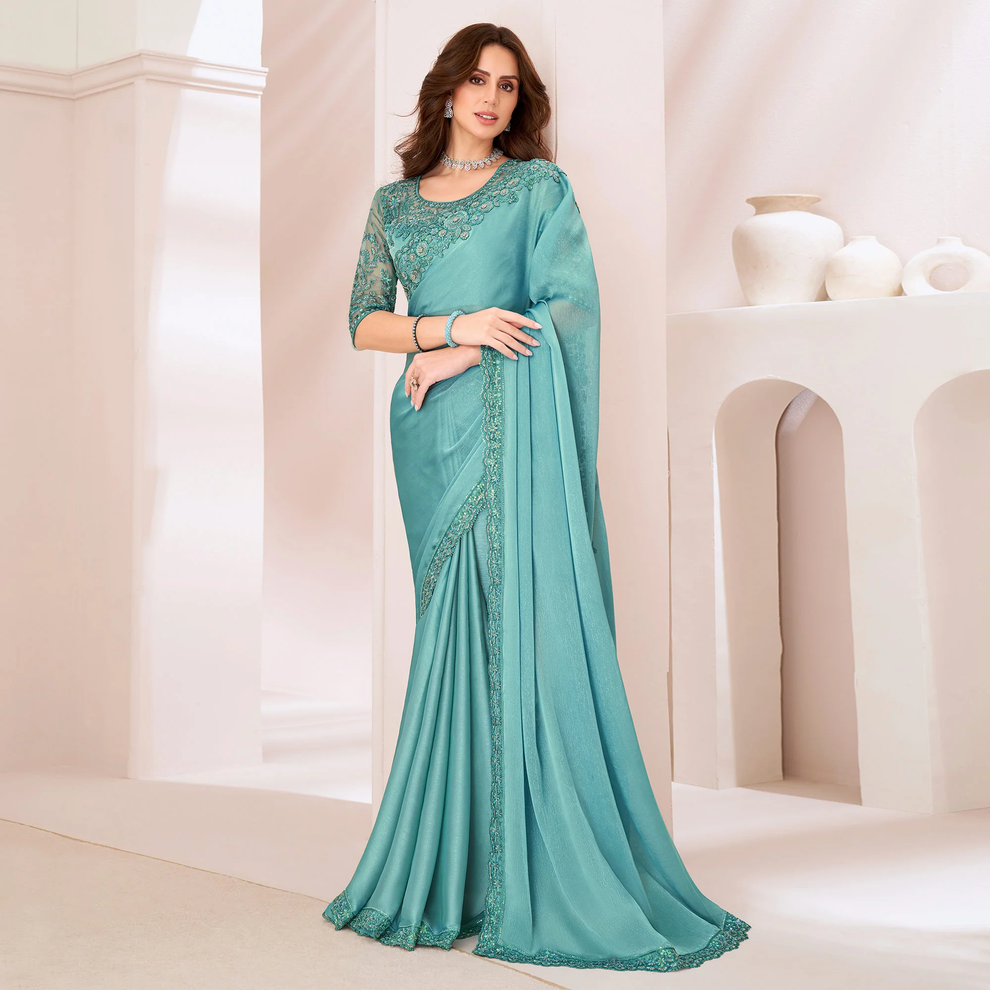 Light Turquoise Embroidered Georgette Saree - Image 2