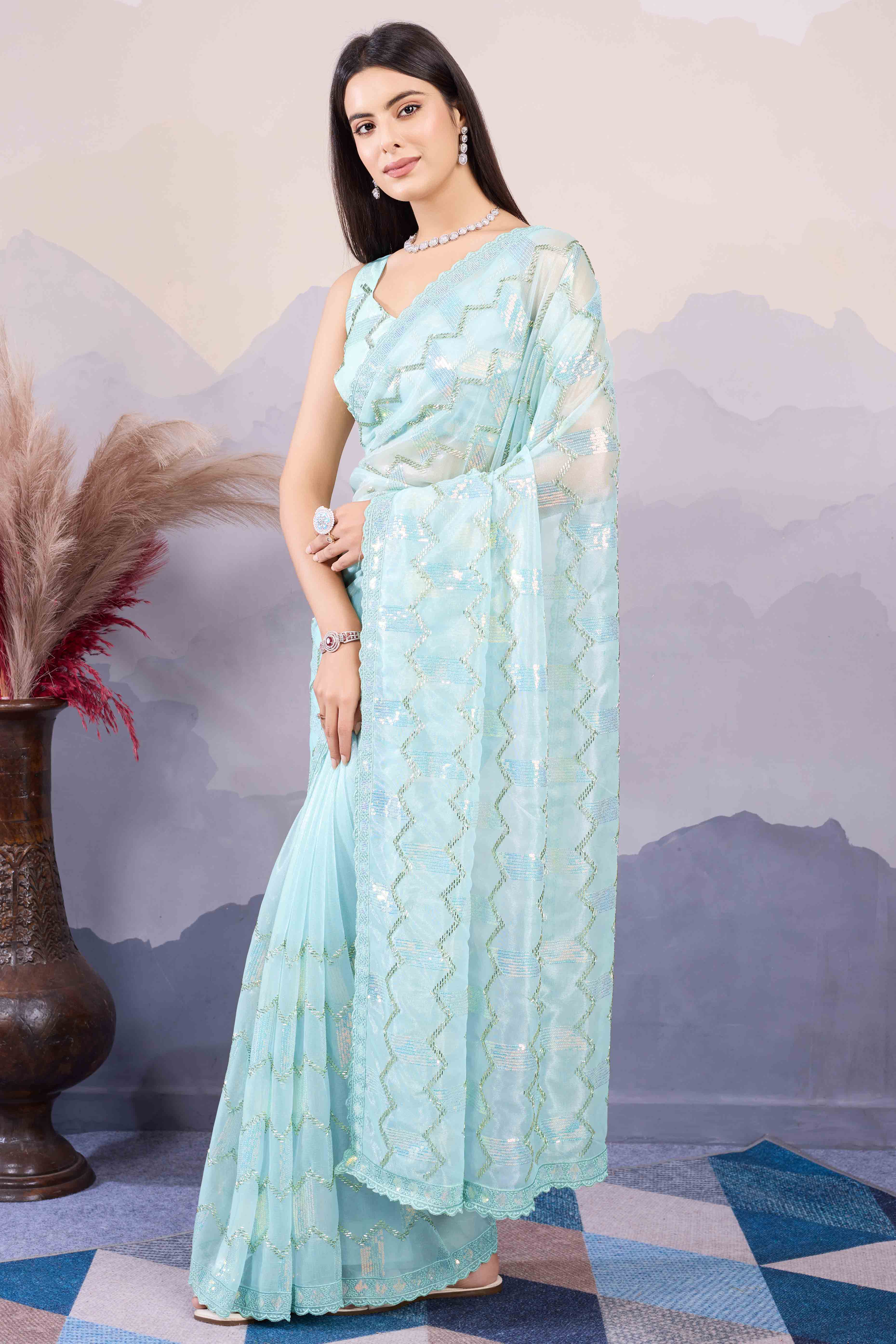 Light Turquoise Sequins Embroidered Twill Net Saree - Image 3