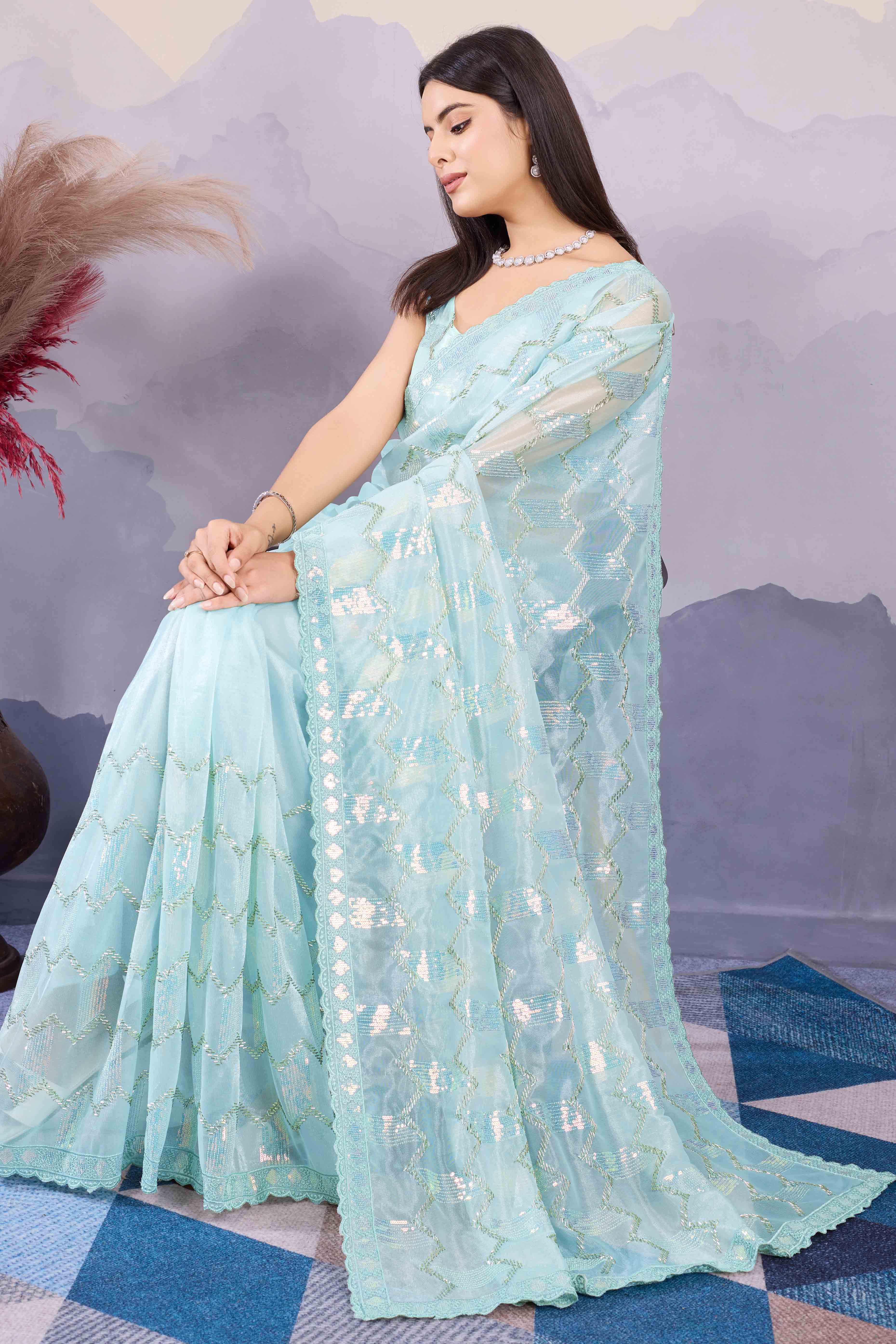 Light Turquoise Sequins Embroidered Twill Net Saree - Image 4