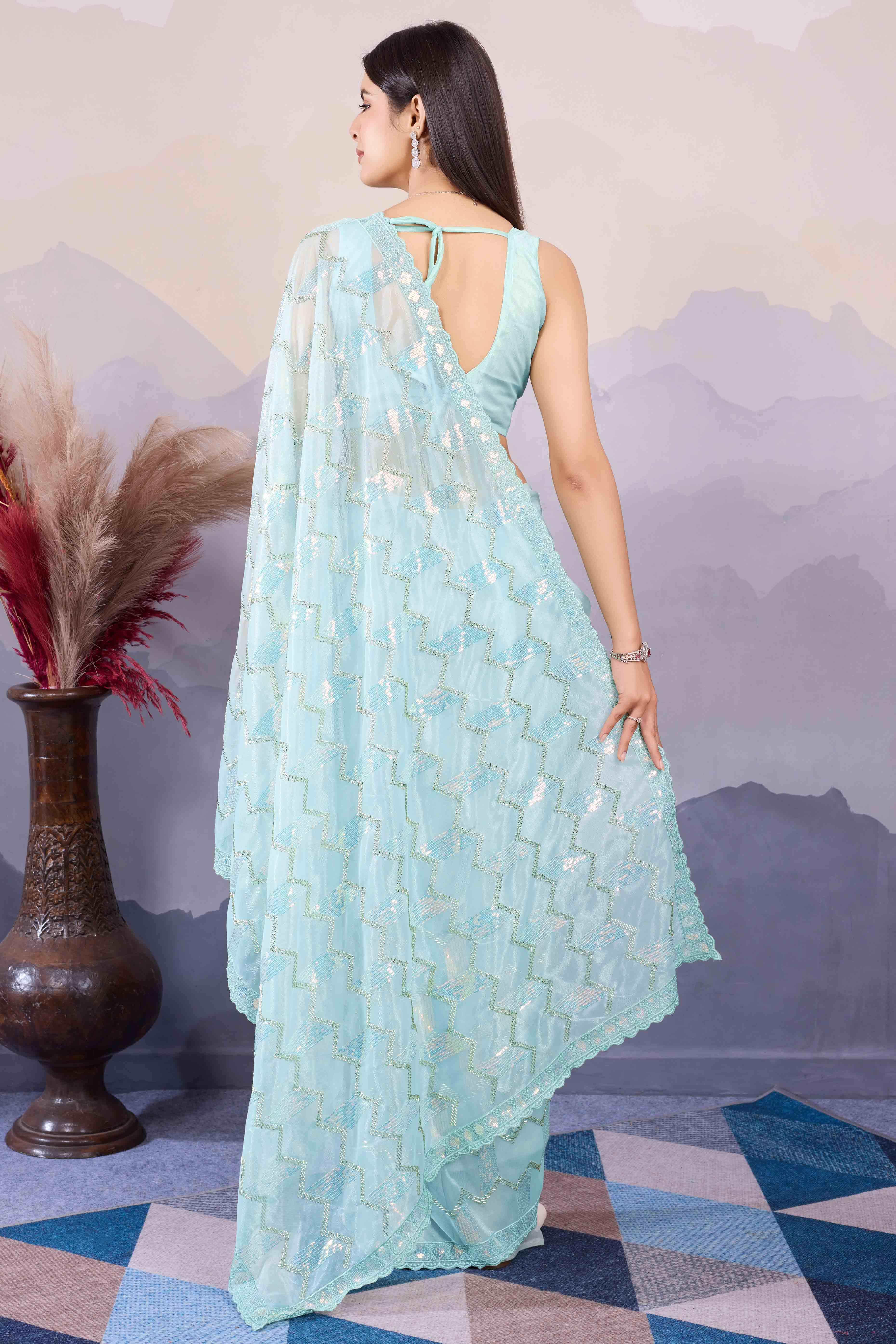 Light Turquoise Sequins Embroidered Twill Net Saree - Image 5