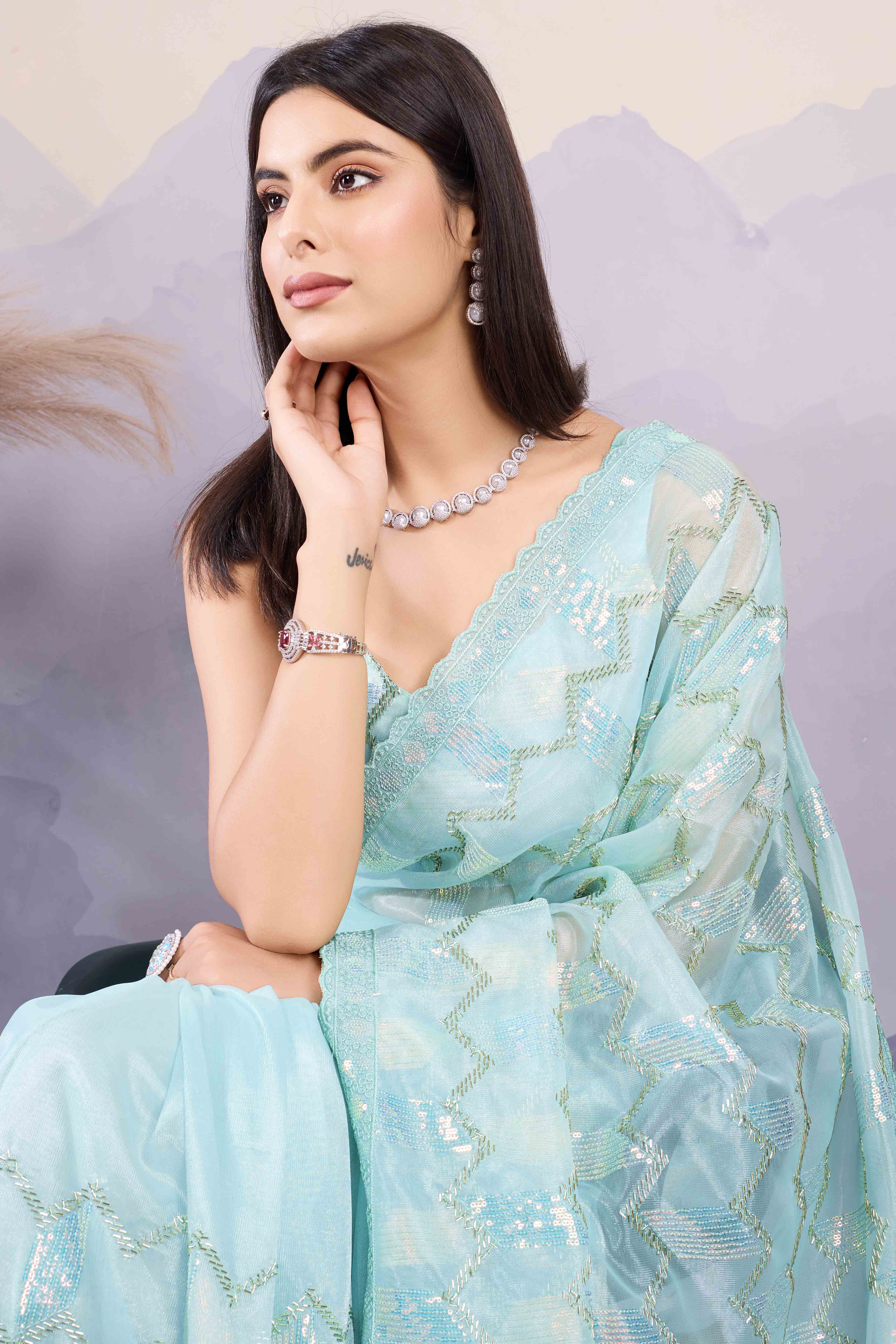 Light Turquoise Sequins Embroidered Twill Net Saree - Image 6