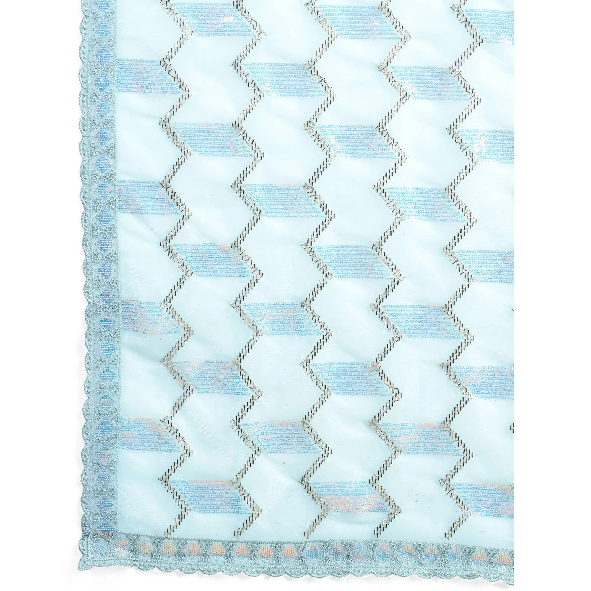 Light Turquoise Sequins Embroidered Twill Net Saree - Image 8