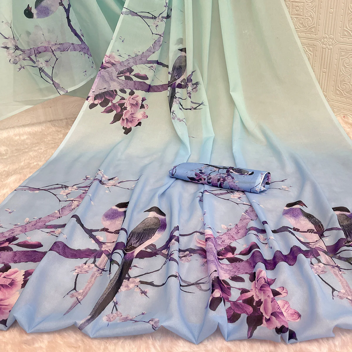 Light Turquoise Sparkle Star Georgette Saree Adorned With Floral & Bird Digital Prints - Image 2