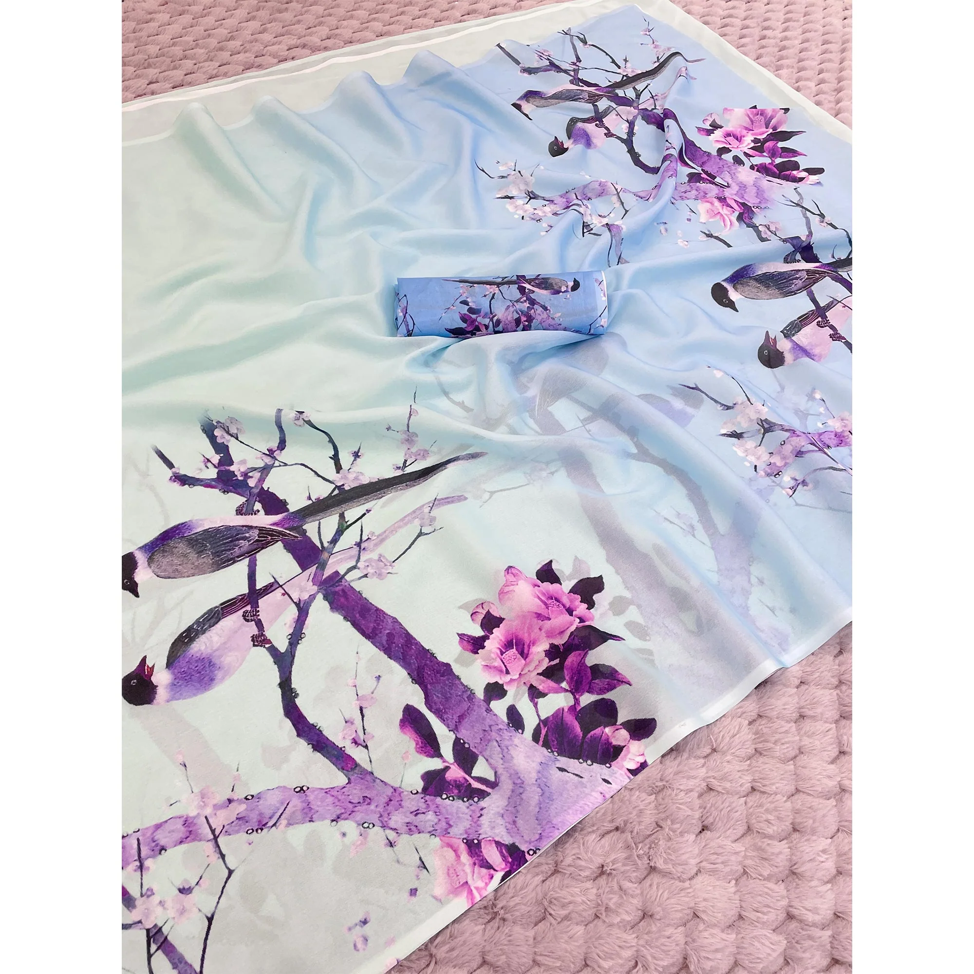 Light Turquoise Sparkle Star Georgette Saree Adorned With Floral & Bird Digital Prints - Image 3
