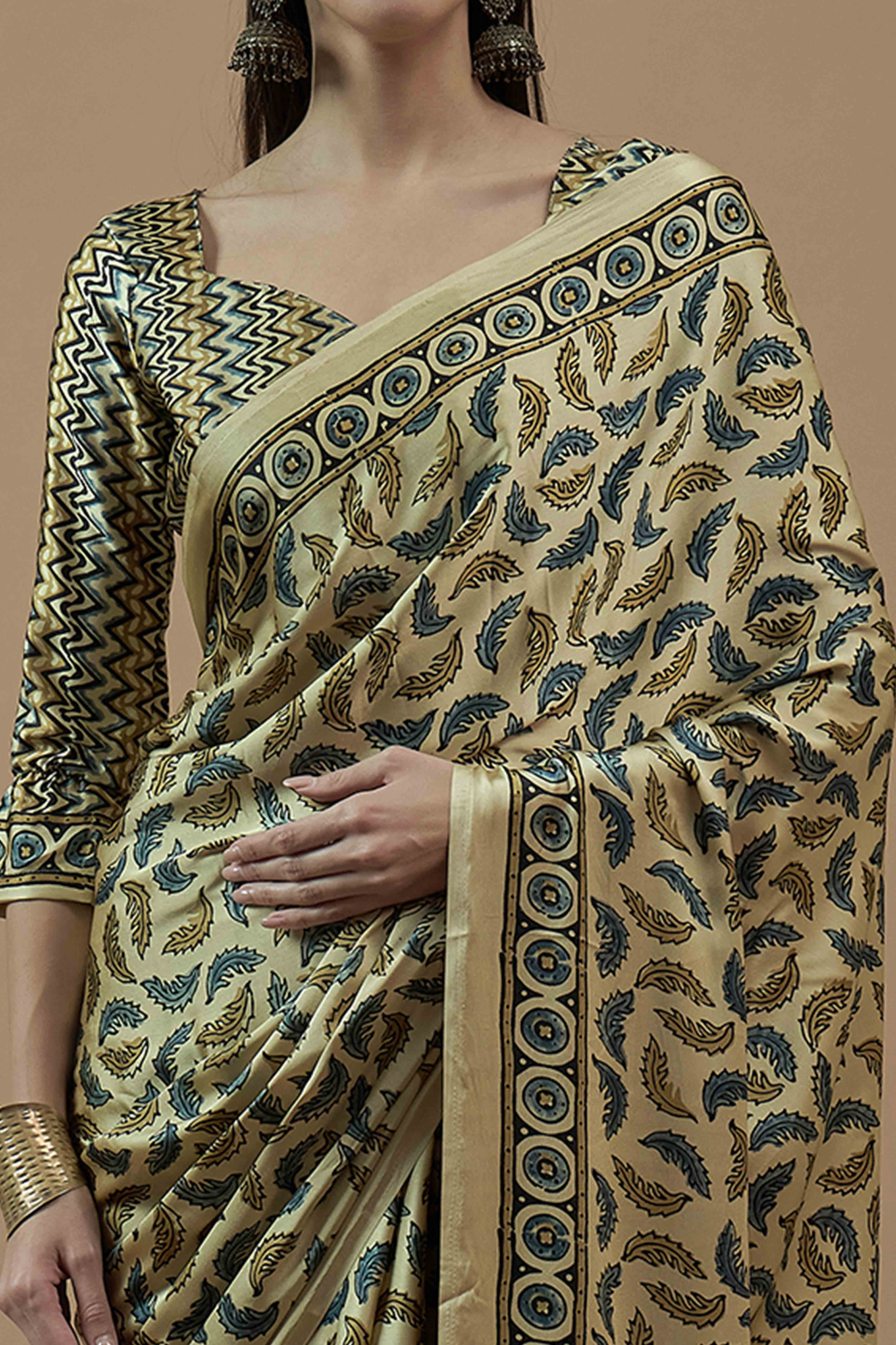 Light Yellow Ajrakh Printed Satin Saree With Tassels - Image 2