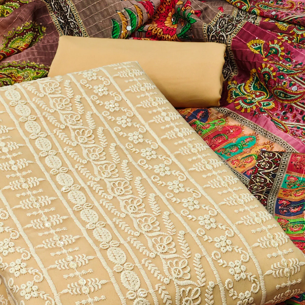 Light Yellow Floral Chikankari Work Georgette Dress Material - Image 2