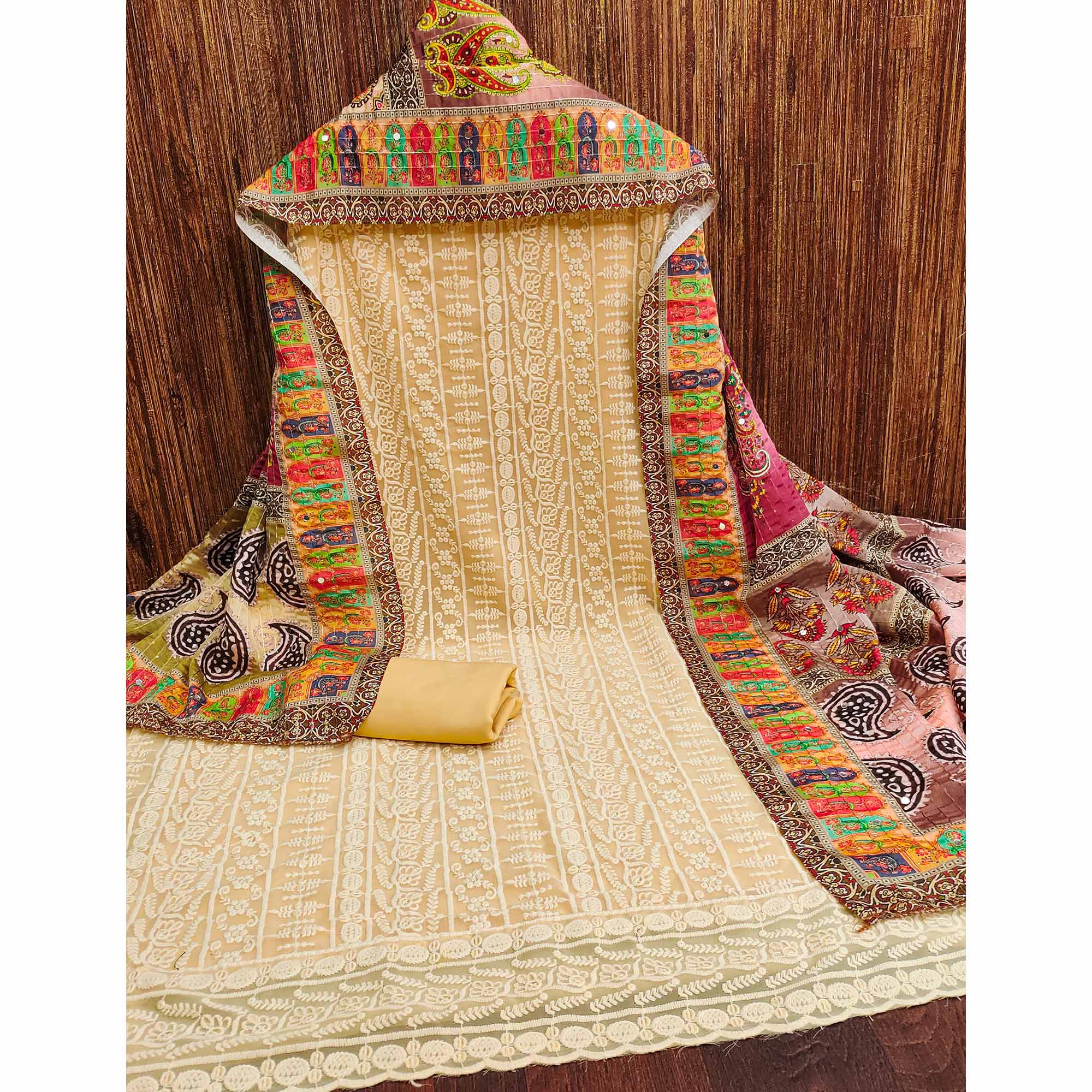 Light Yellow Floral Chikankari Work Georgette Dress Material - Image 3