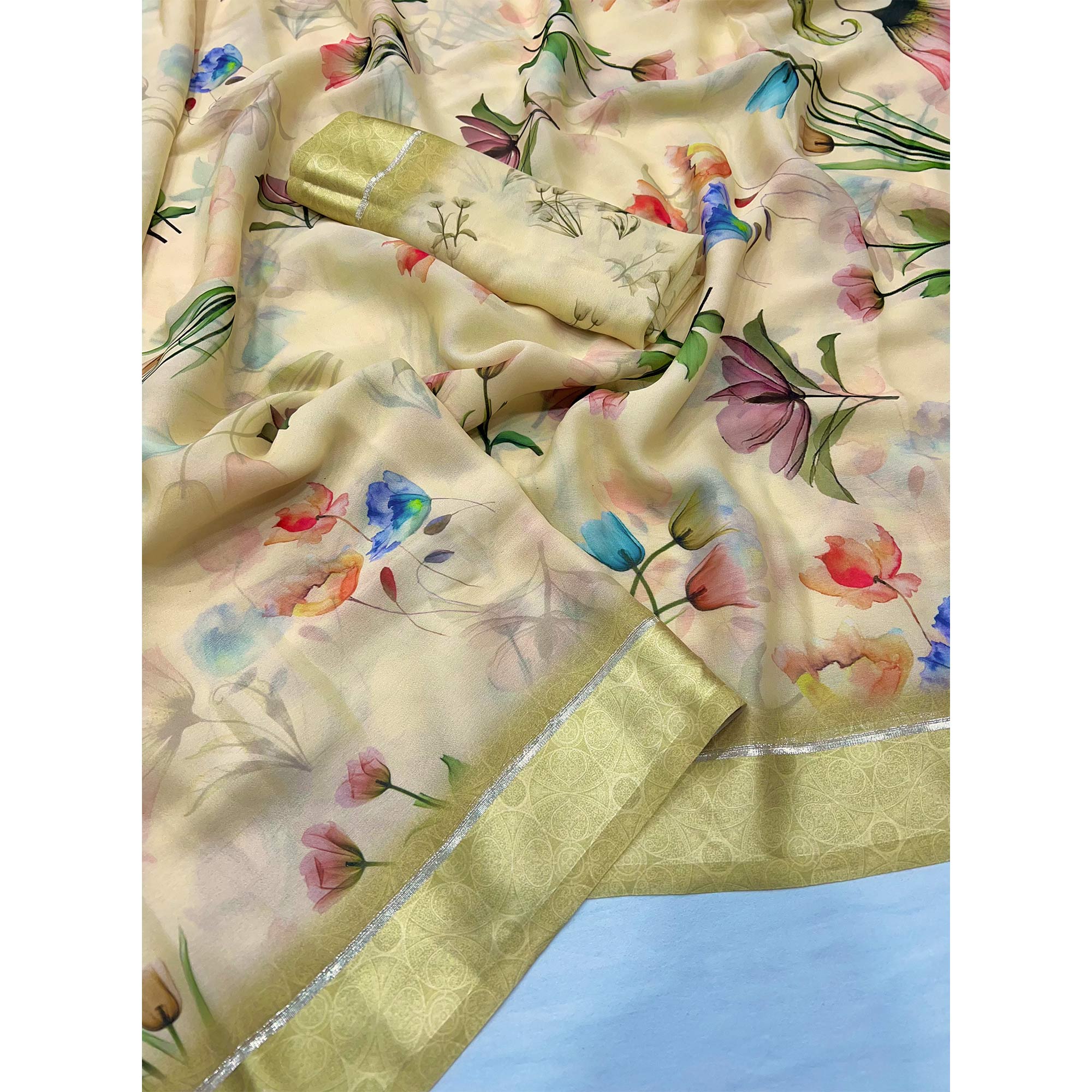 Light Yellow Floral Digital Printed Georgette Saree With Fancy Zari Border - Image 3