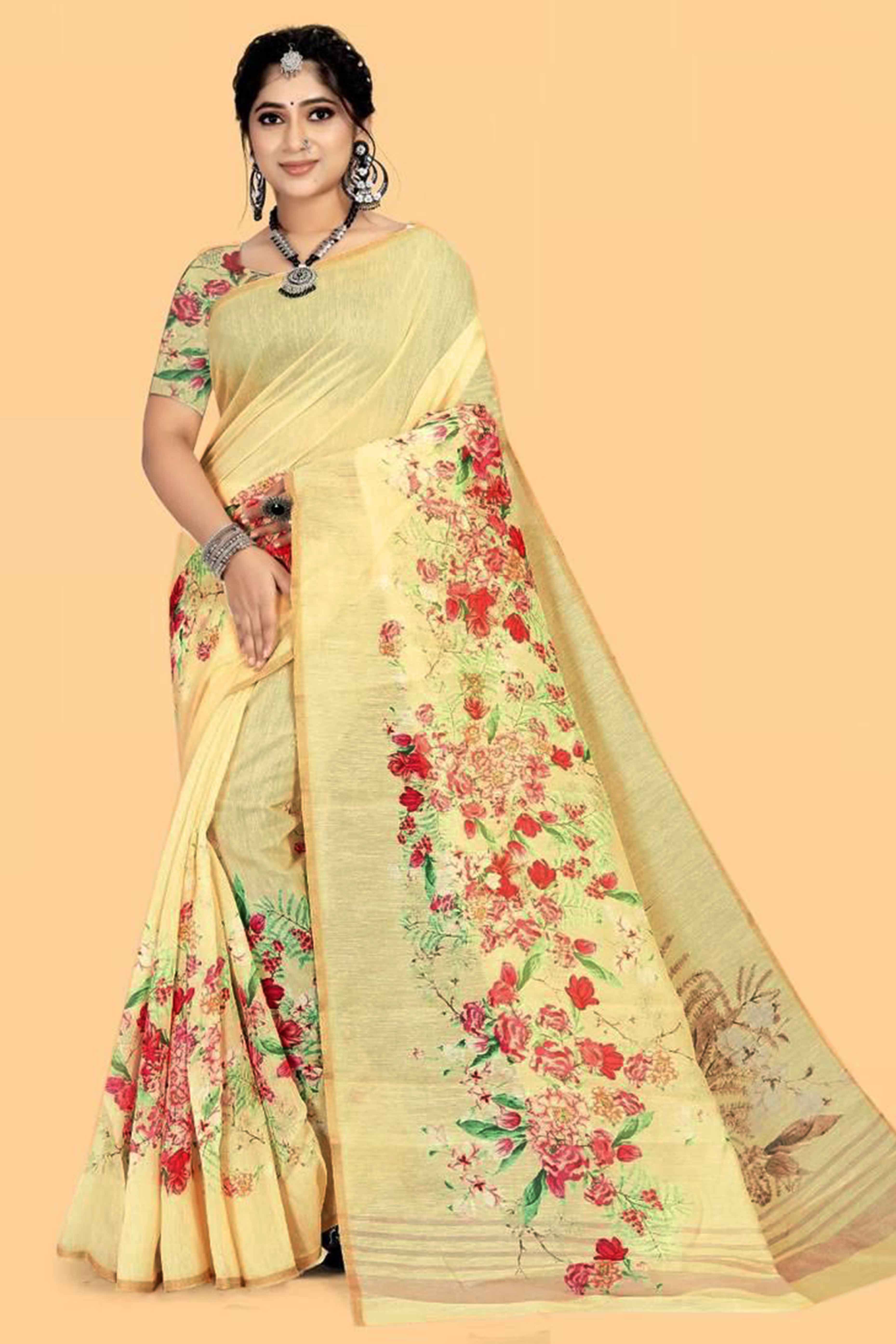 Light Yellow Floral Digital Printed Linen Saree - Image 4