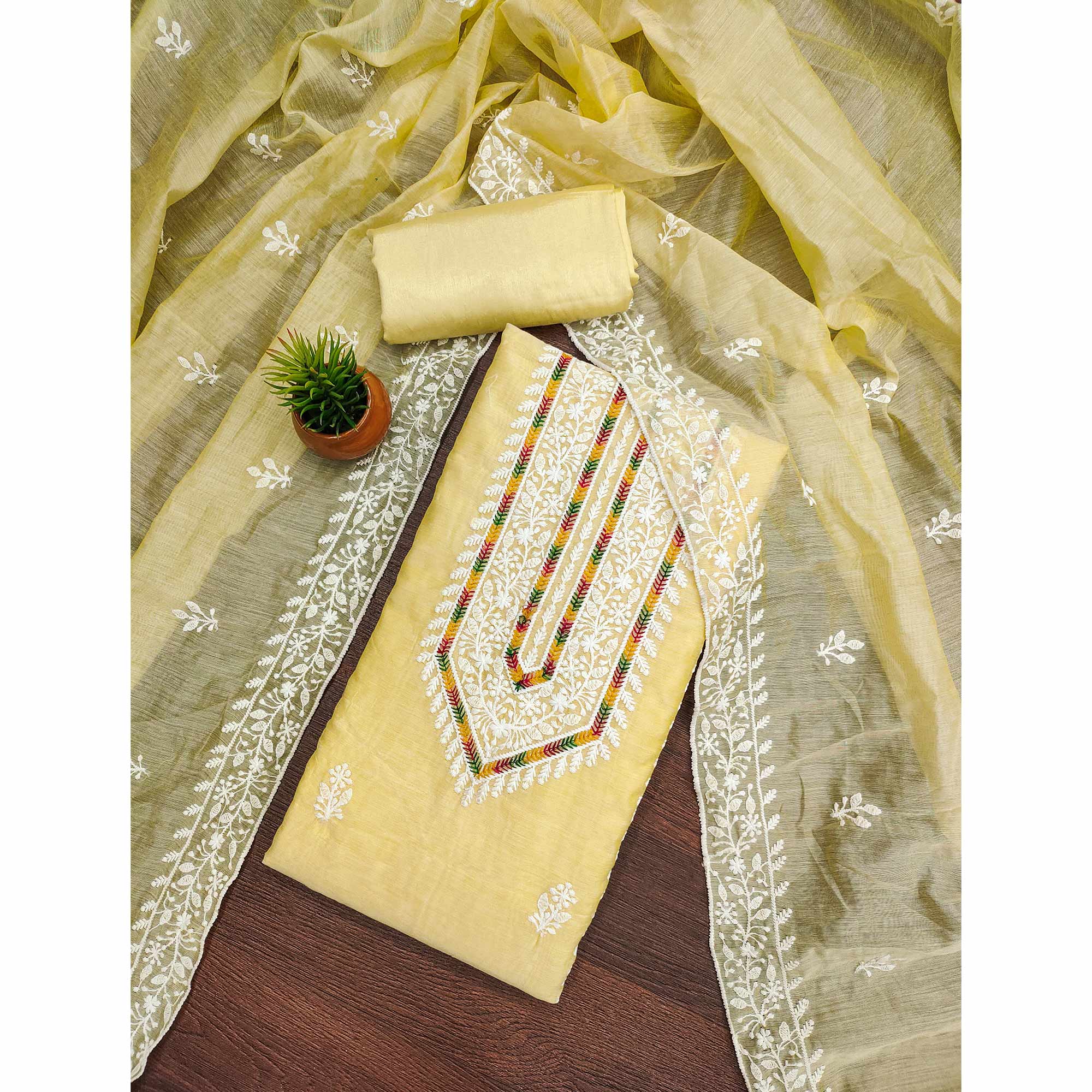 Light Yellow Floral Embroidered Modal Chanderi Silk Dress Material - Image 3