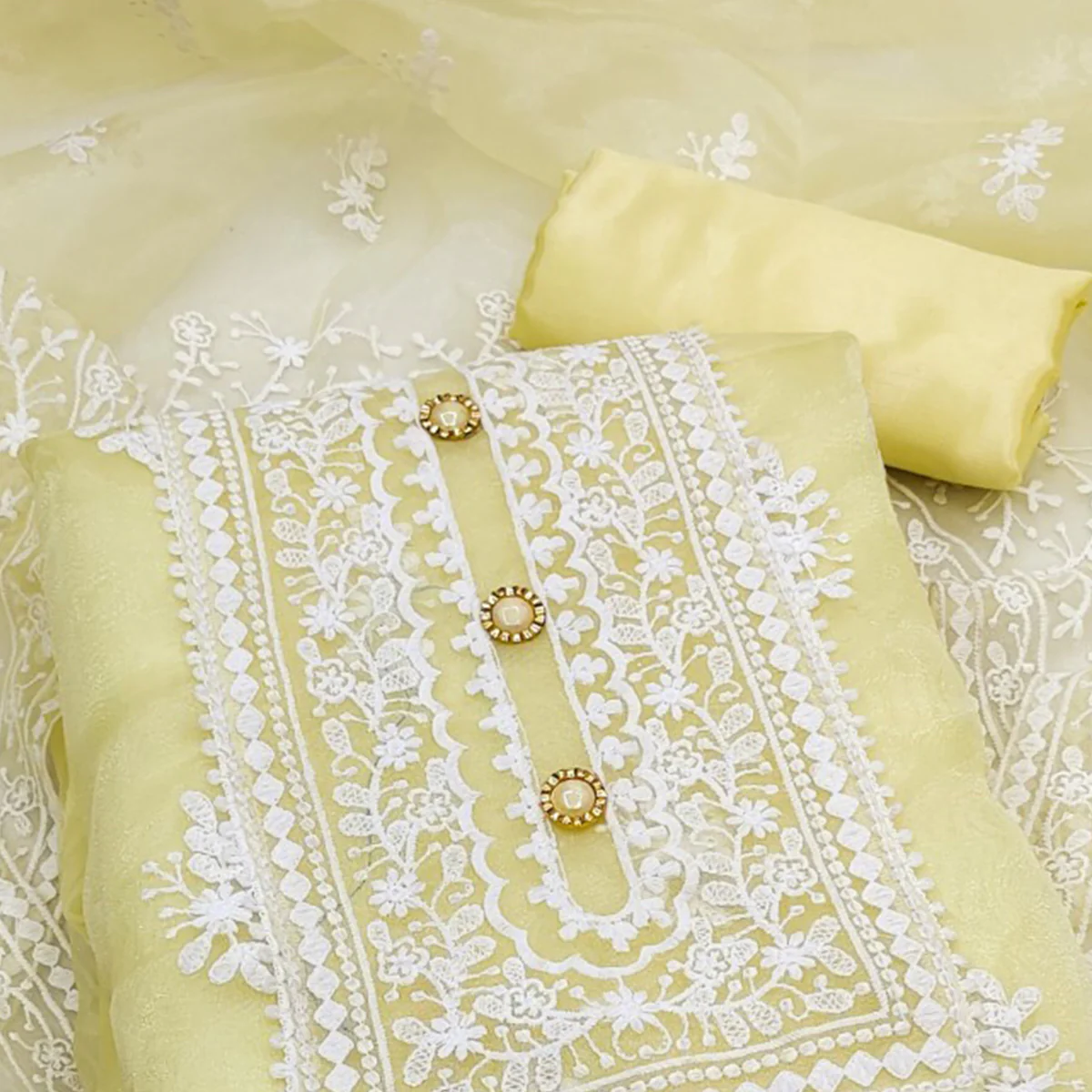 Light Yellow Floral Embroidered Organza Dress Material - Image 2