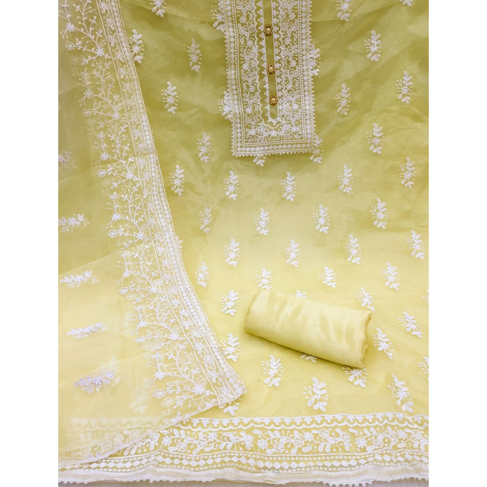 Light Yellow Floral Embroidered Organza Dress Material - Image 3