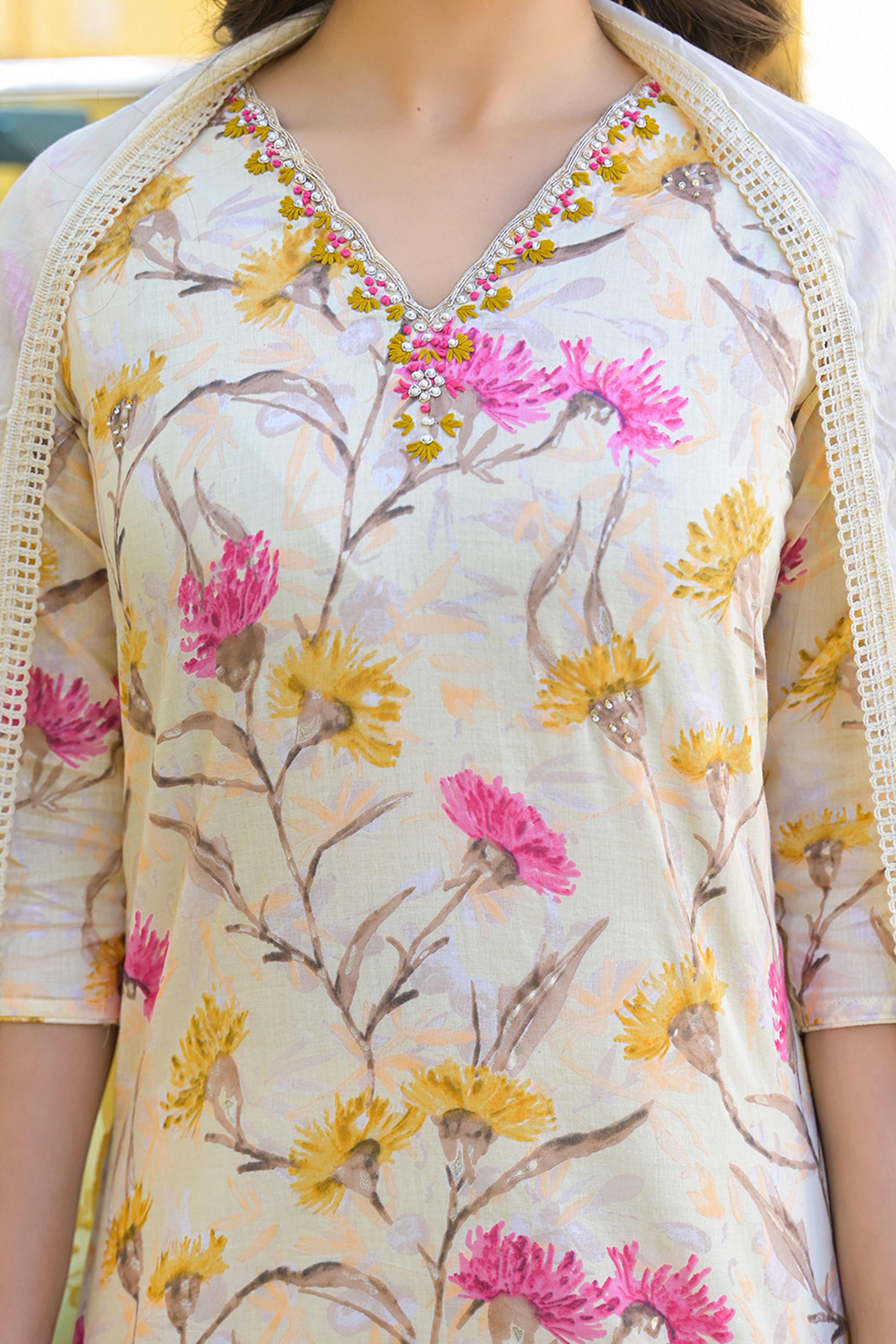 Light Yellow Floral Printed Thread Work Pure Cotton Straight Salwar Suit - Image 2