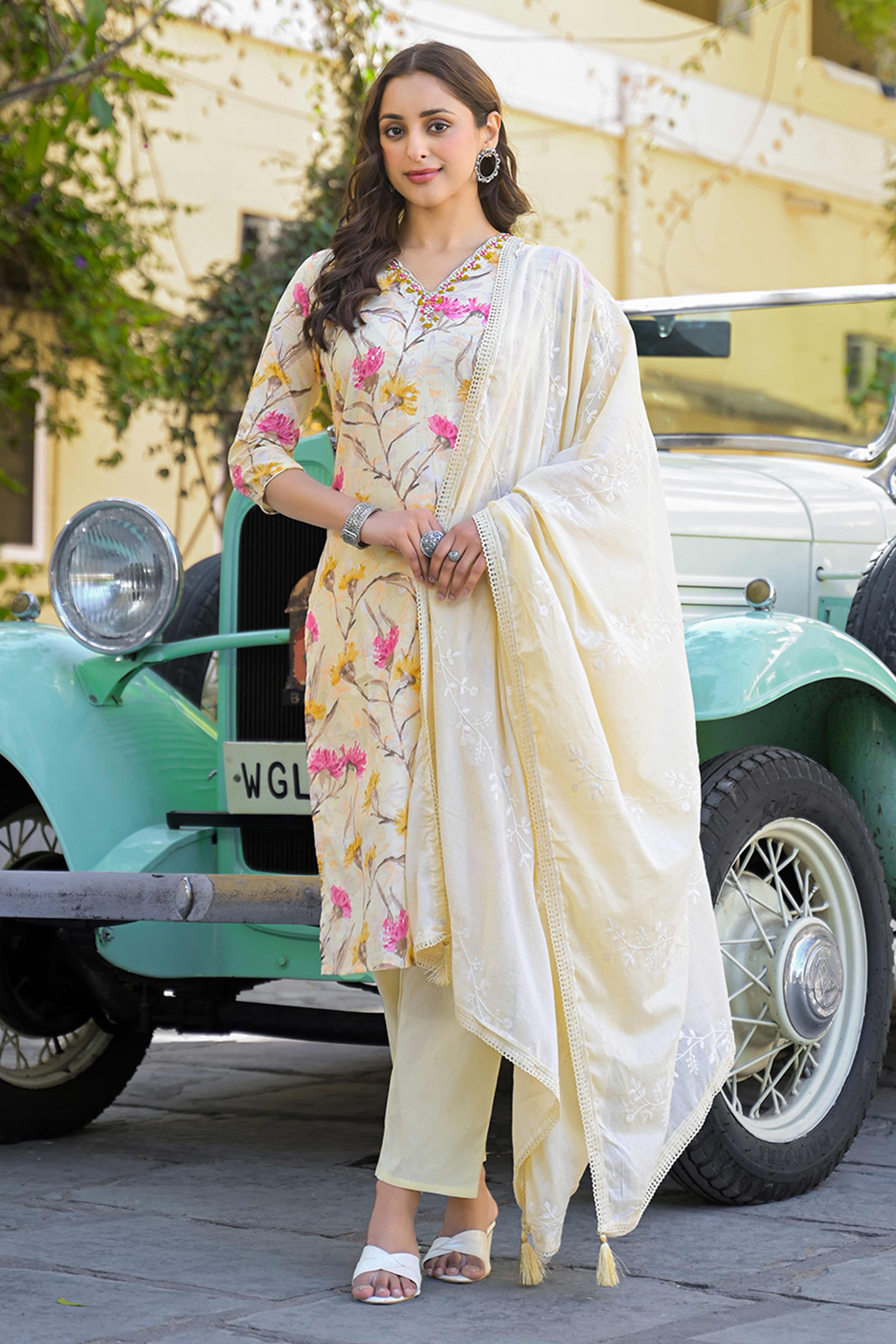 Light Yellow Floral Printed Thread Work Pure Cotton Straight Salwar Suit - Image 3