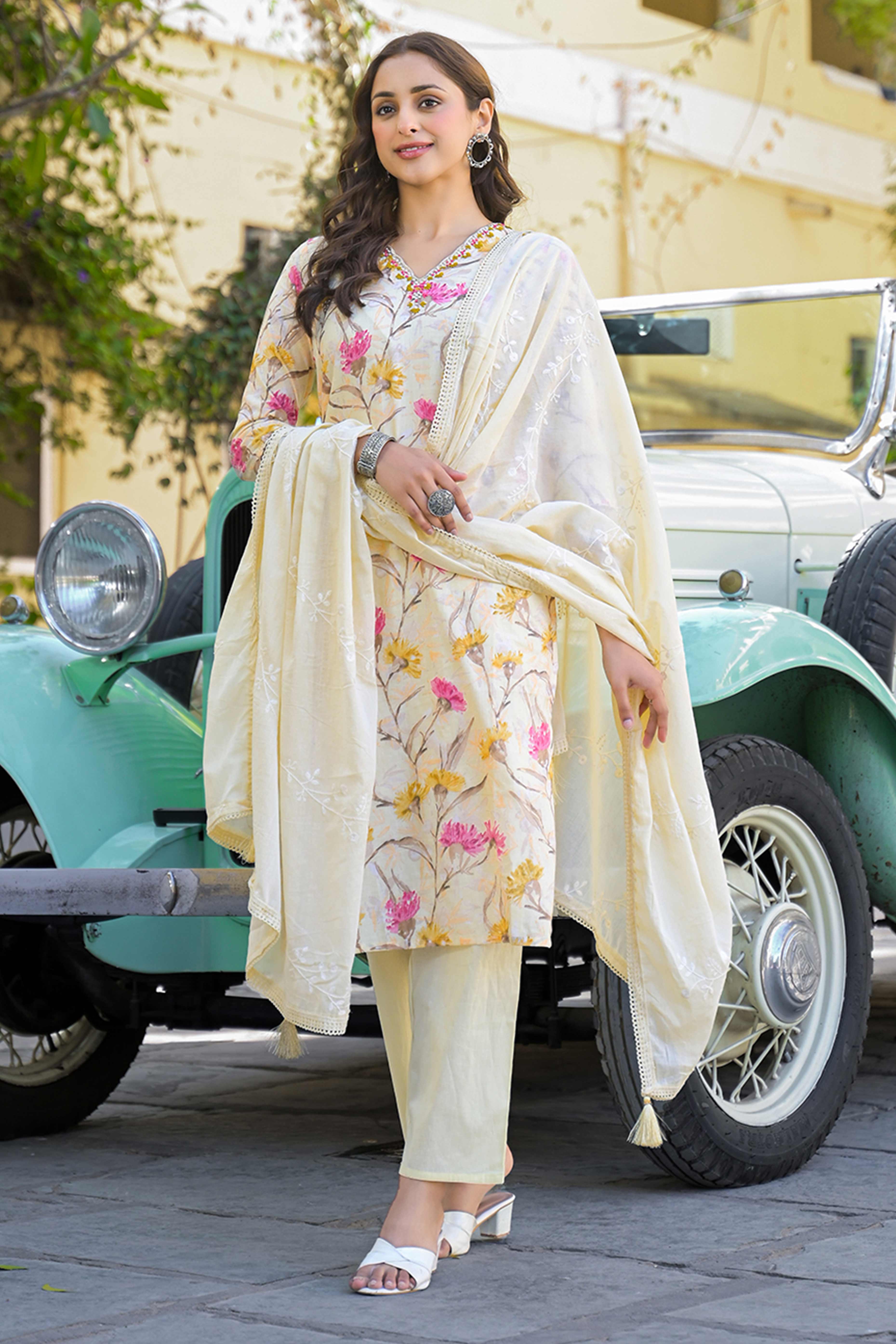 Light Yellow Floral Printed Thread Work Pure Cotton Straight Salwar Suit - Image 5