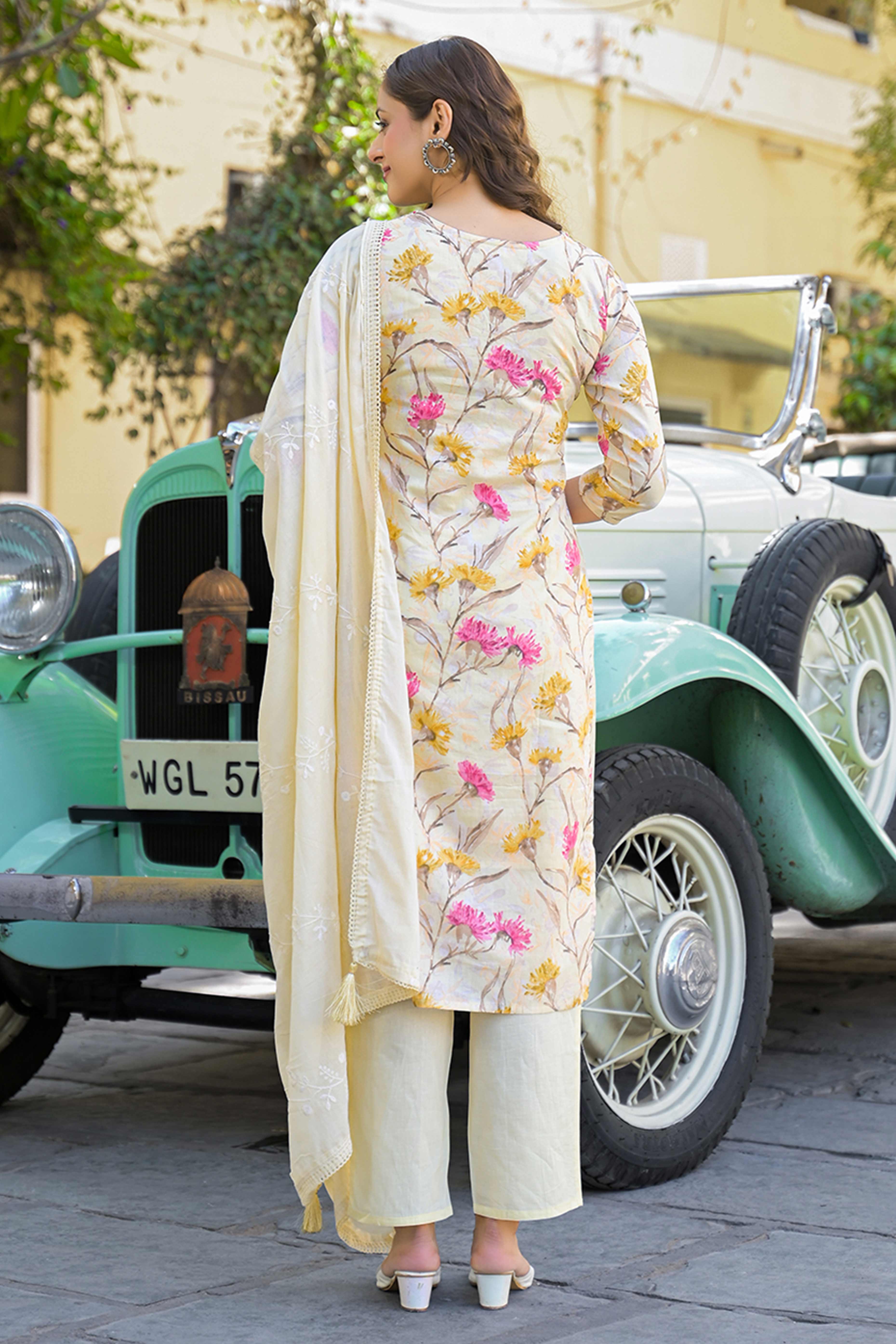 Light Yellow Floral Printed Thread Work Pure Cotton Straight Salwar Suit - Image 6