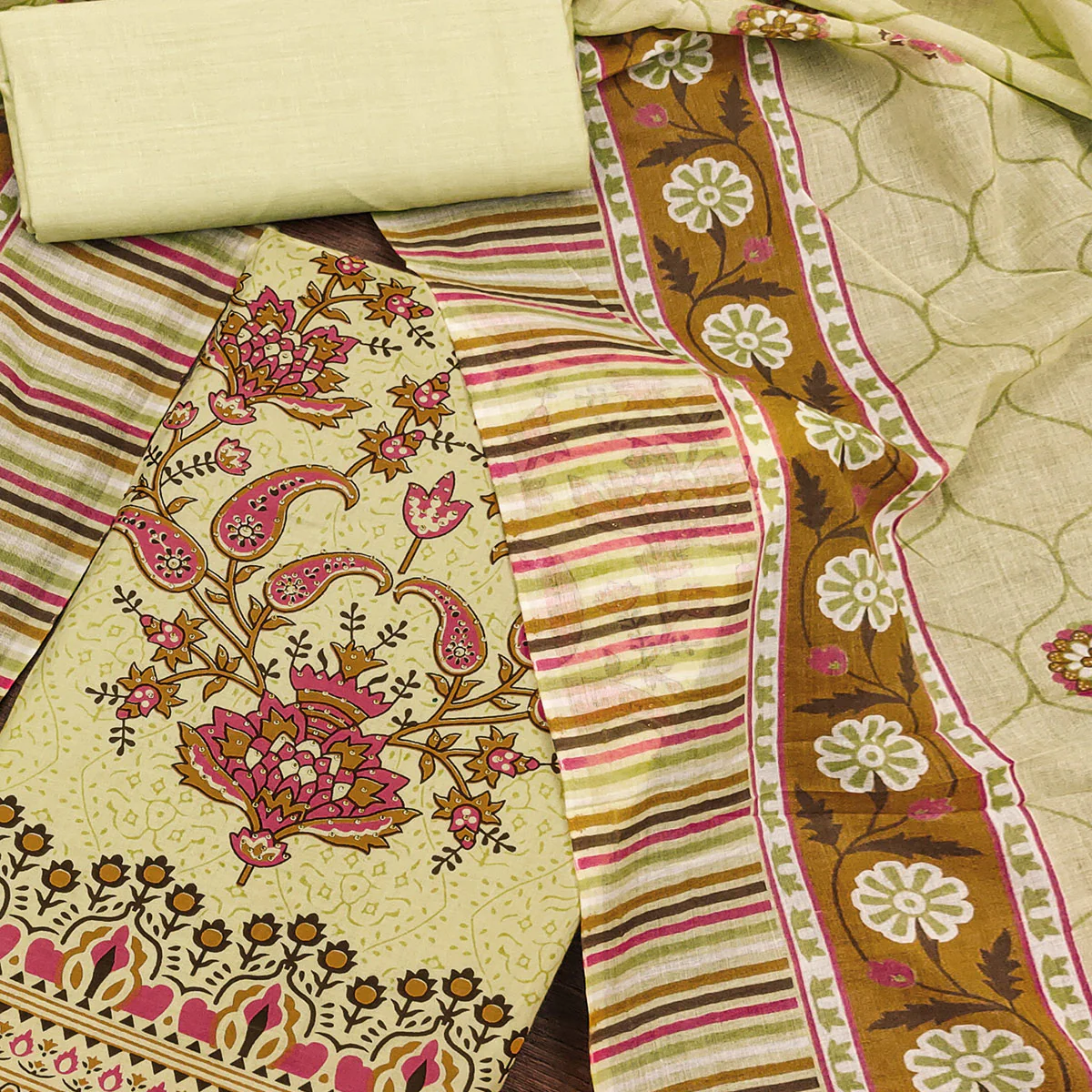 Light Yellow Floral Printed With Stonework Pure Cotton Dress Material - Image 2