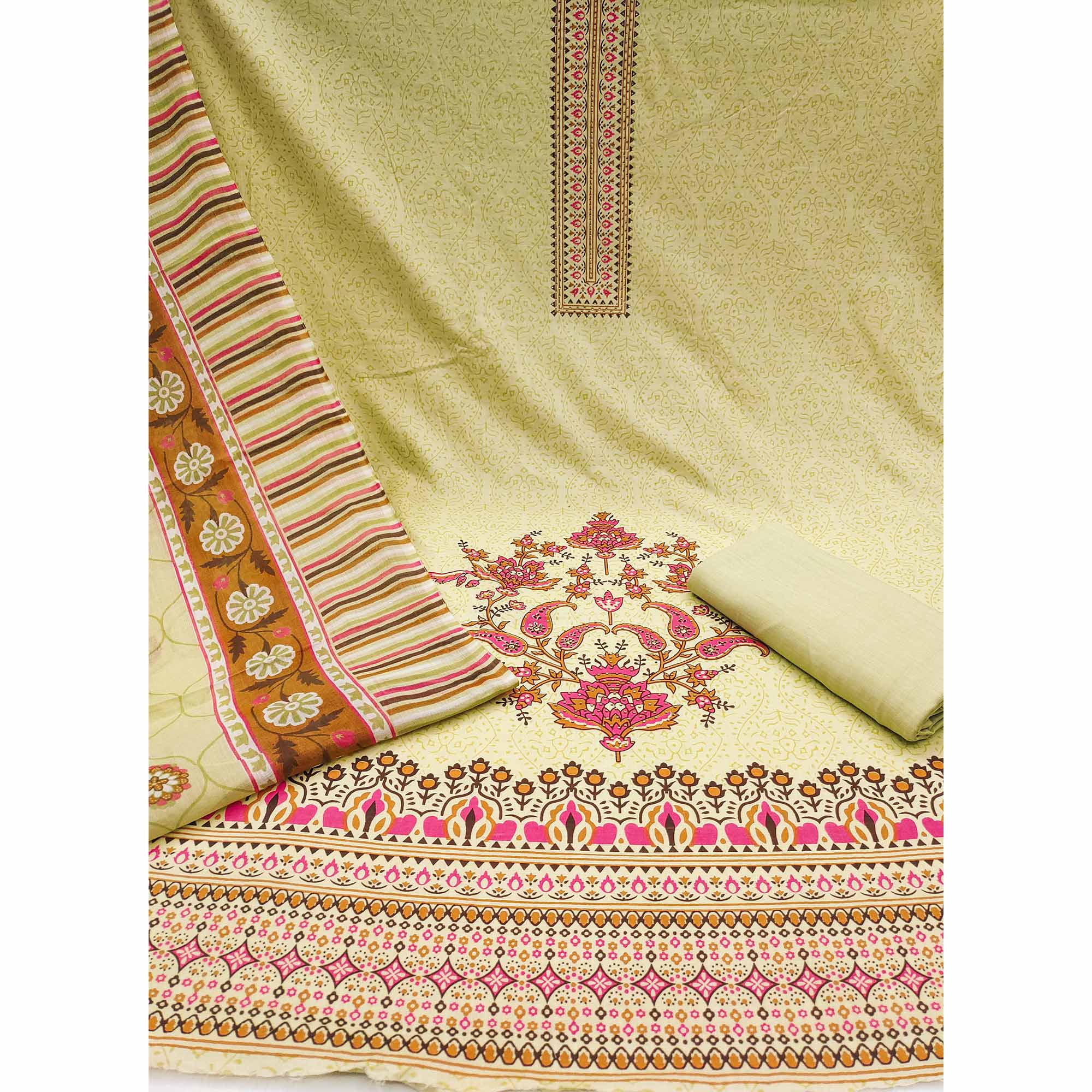 Light Yellow Floral Printed With Stonework Pure Cotton Dress Material - Image 3
