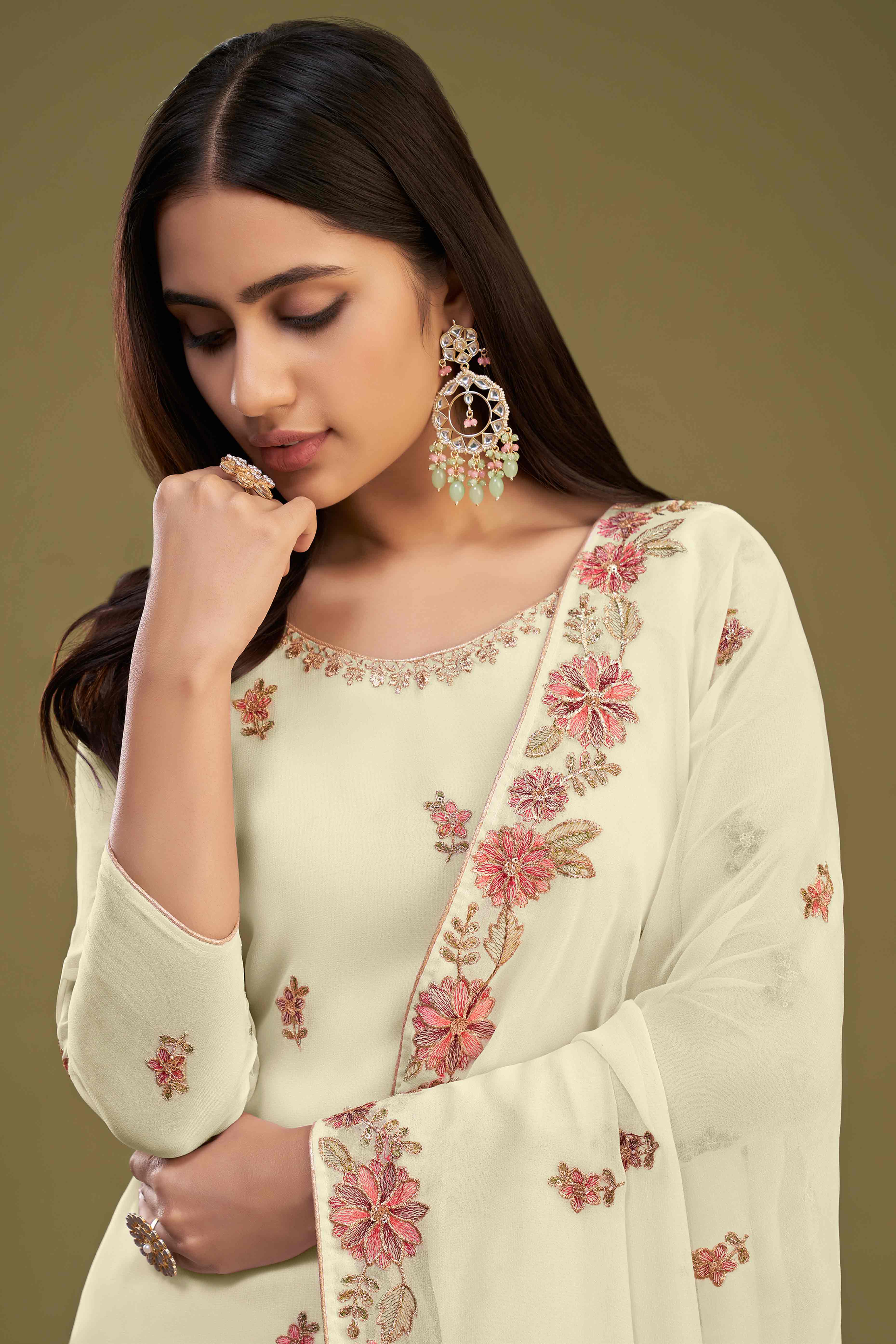 Light Yellow Floral Sequins Embroidered Georgette Semi Stitched Sharara Suit - Image 3