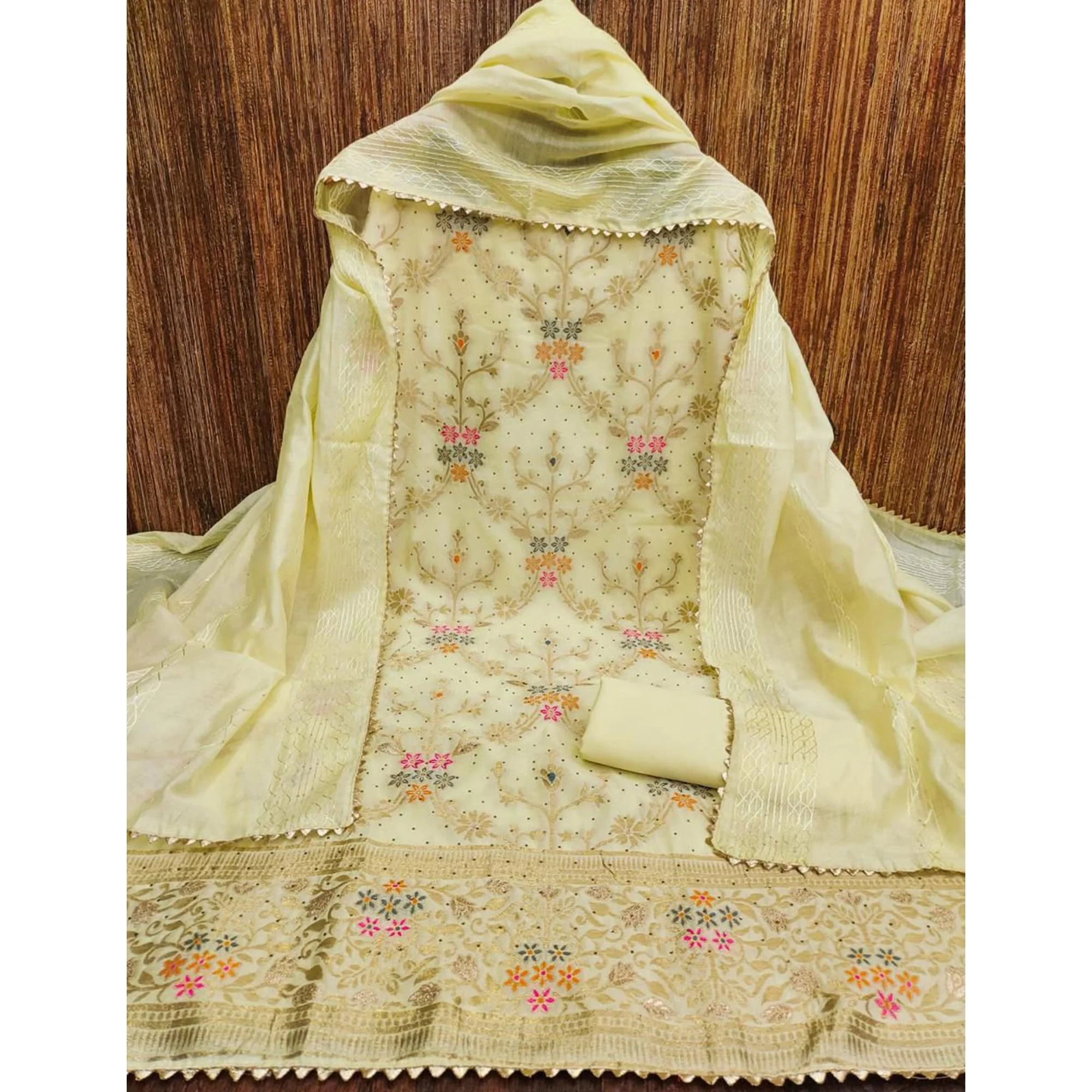 Light Yellow Floral Woven Banarasi Jacquard Dress Material - Image 3
