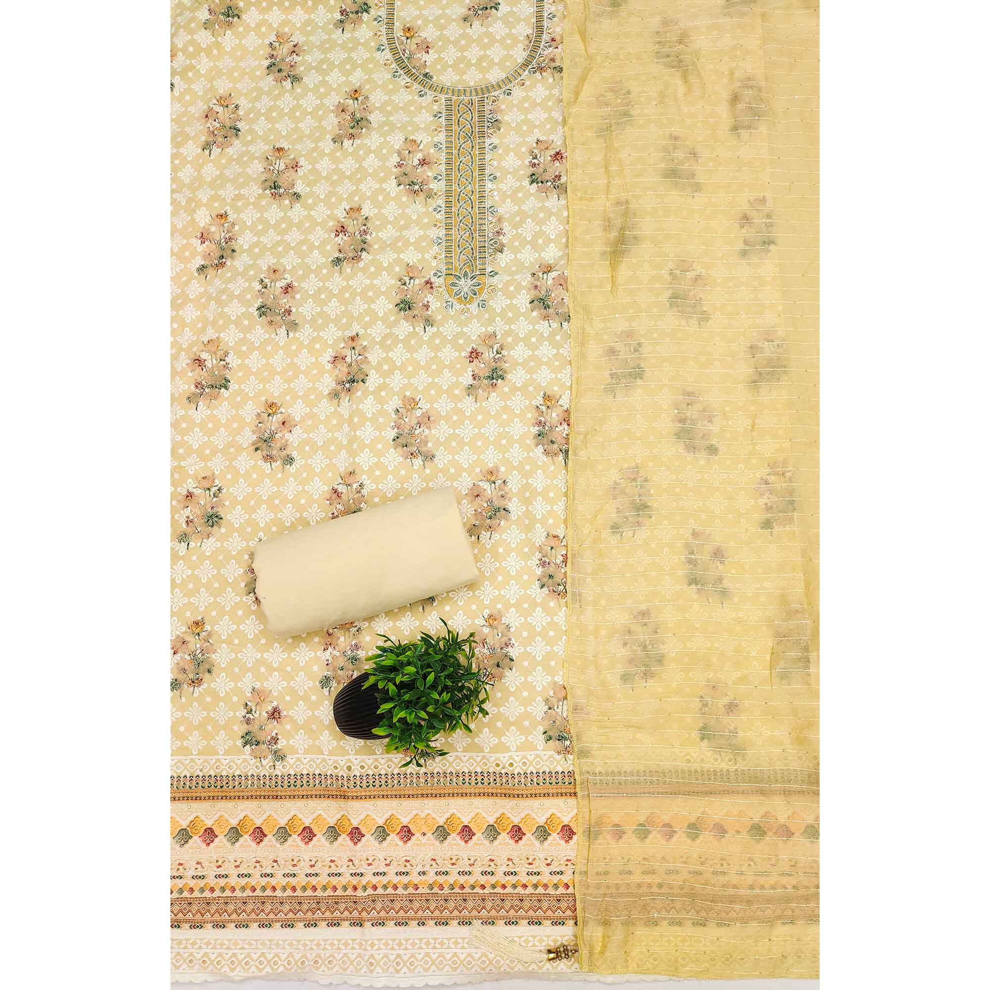 Light Yellow Pure Cotton Dress Material Featuring Elegant Floral Embroidery With Shimmering Sequins - Image 3
