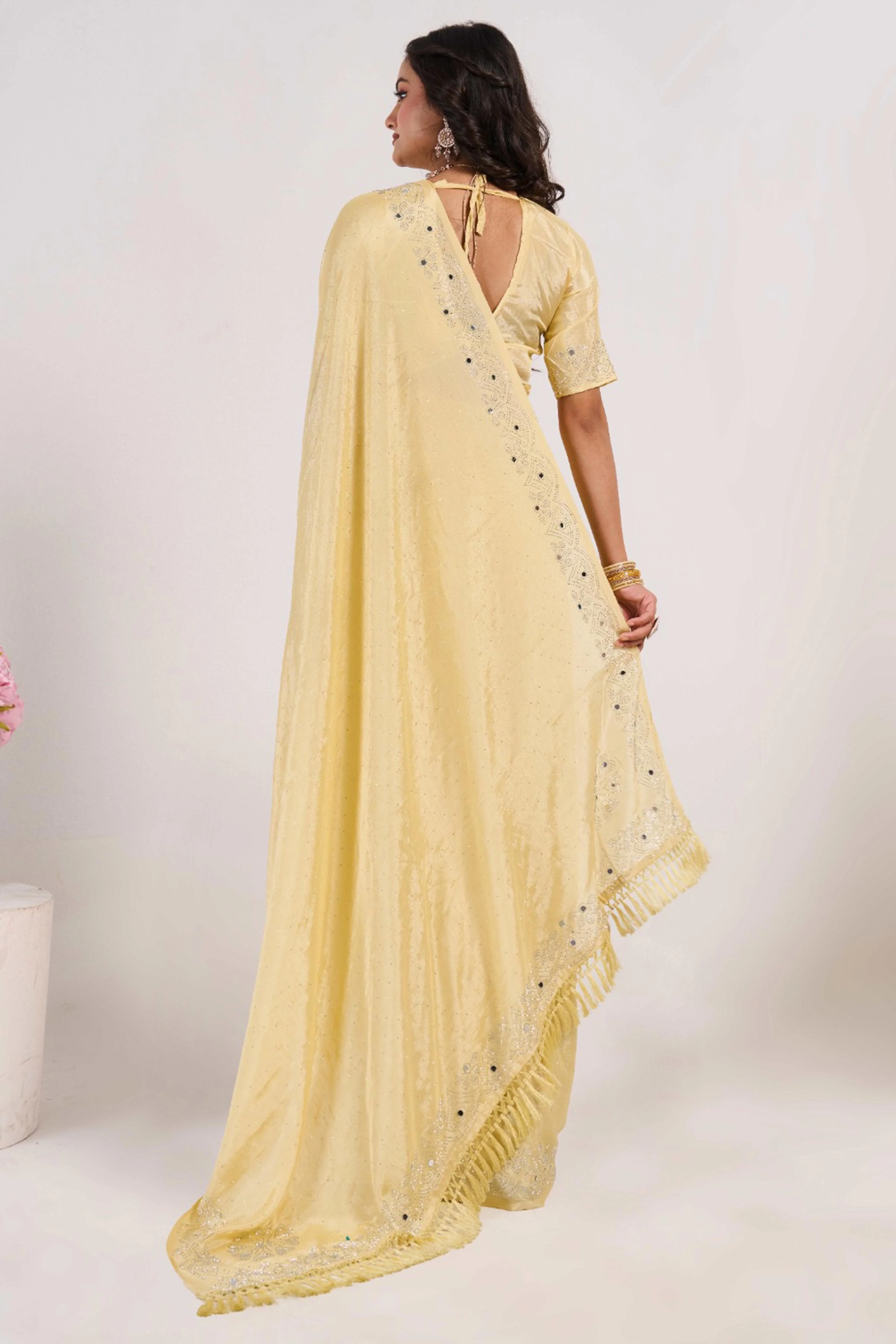 Light Yellow Swarovski With Mirror Work Chinon Saree - Image 6