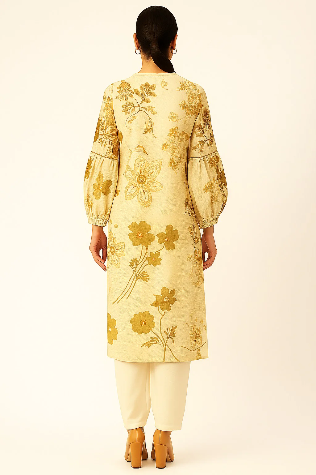 Light Yellow Trendy Floral Motif Viscose Blend Straight Kurti with Modern Appeal - Image 3