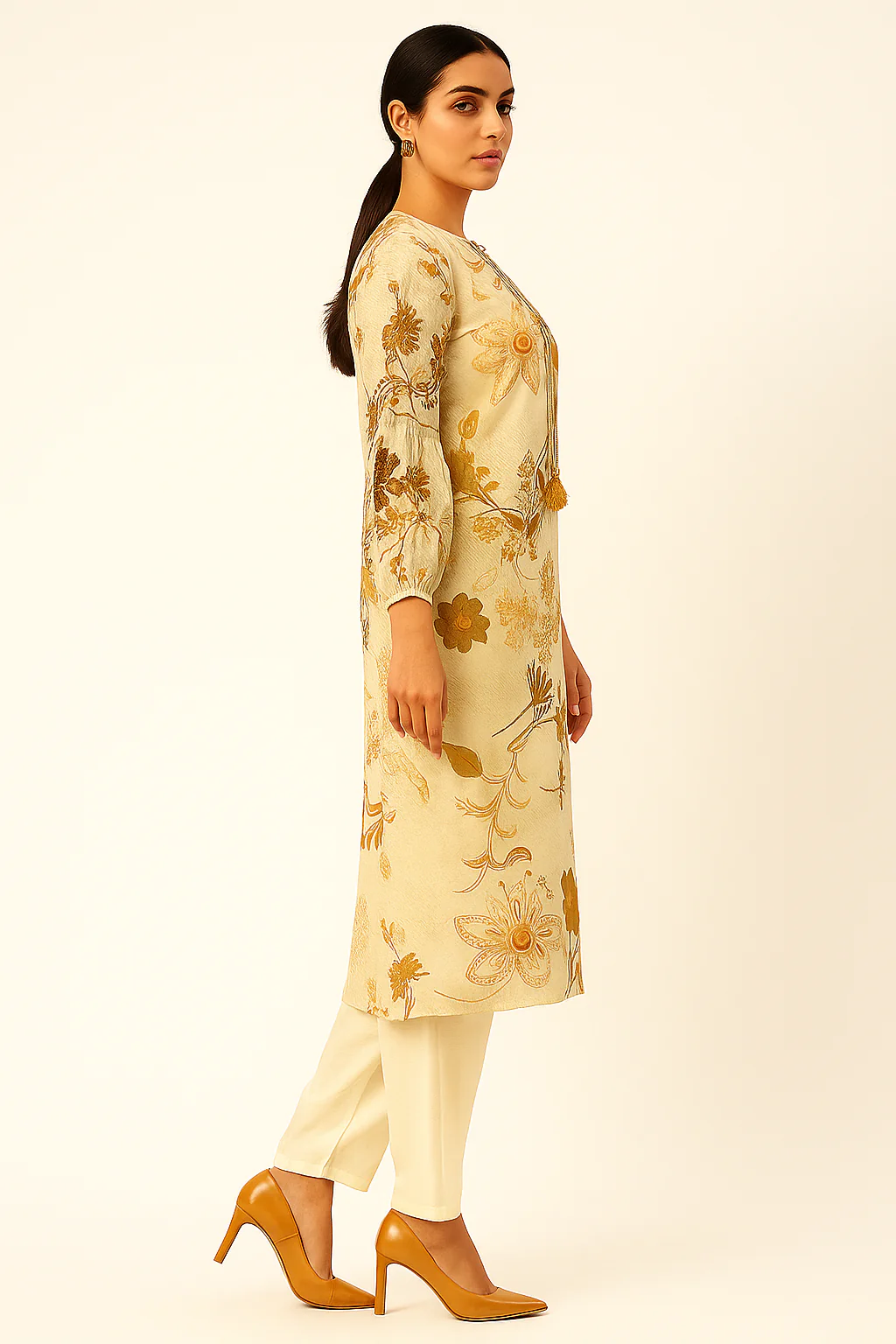 Light Yellow Trendy Floral Motif Viscose Blend Straight Kurti with Modern Appeal - Image 4