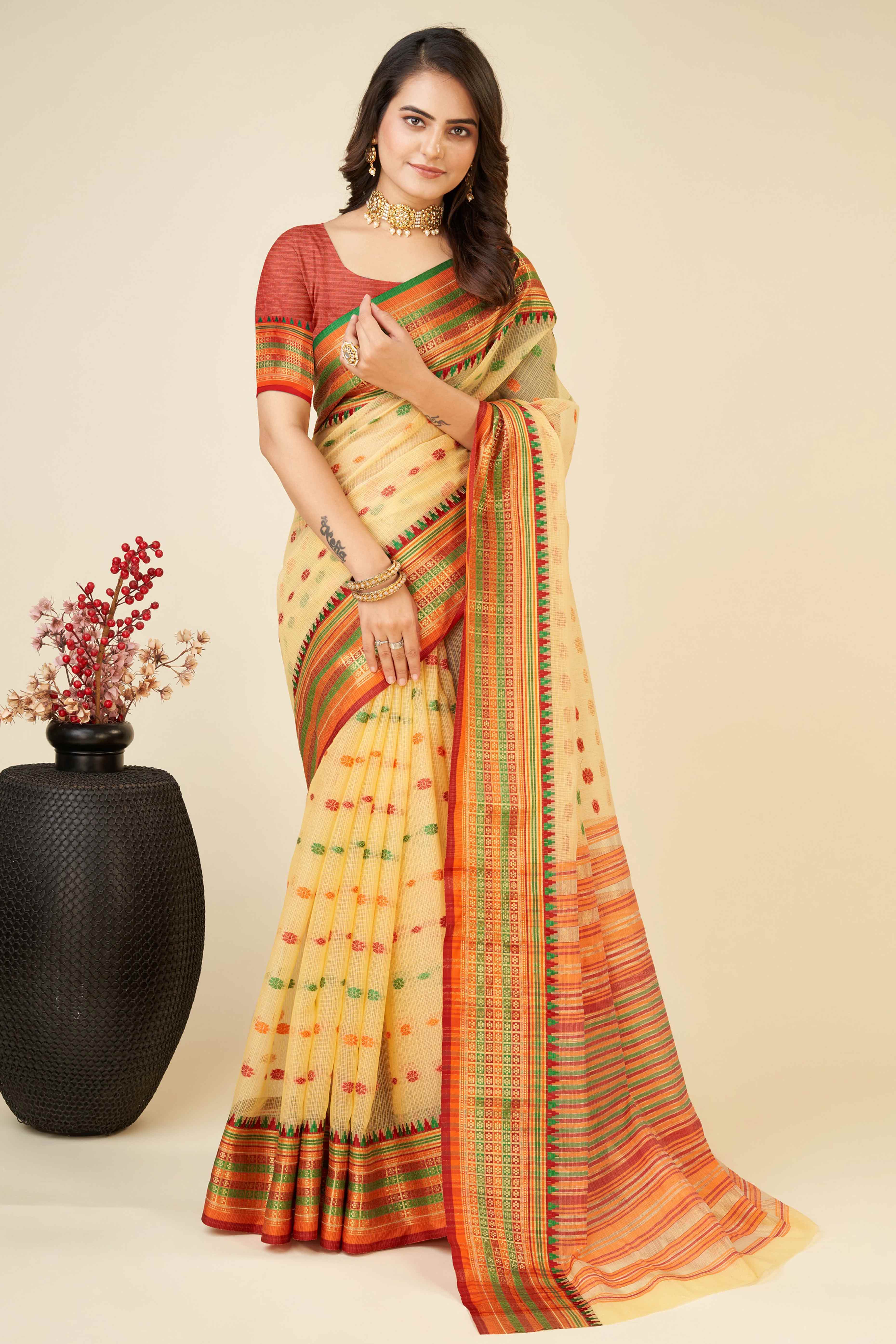 Light Yellow Zari Weaving Cotton Silk Saree - Image 3