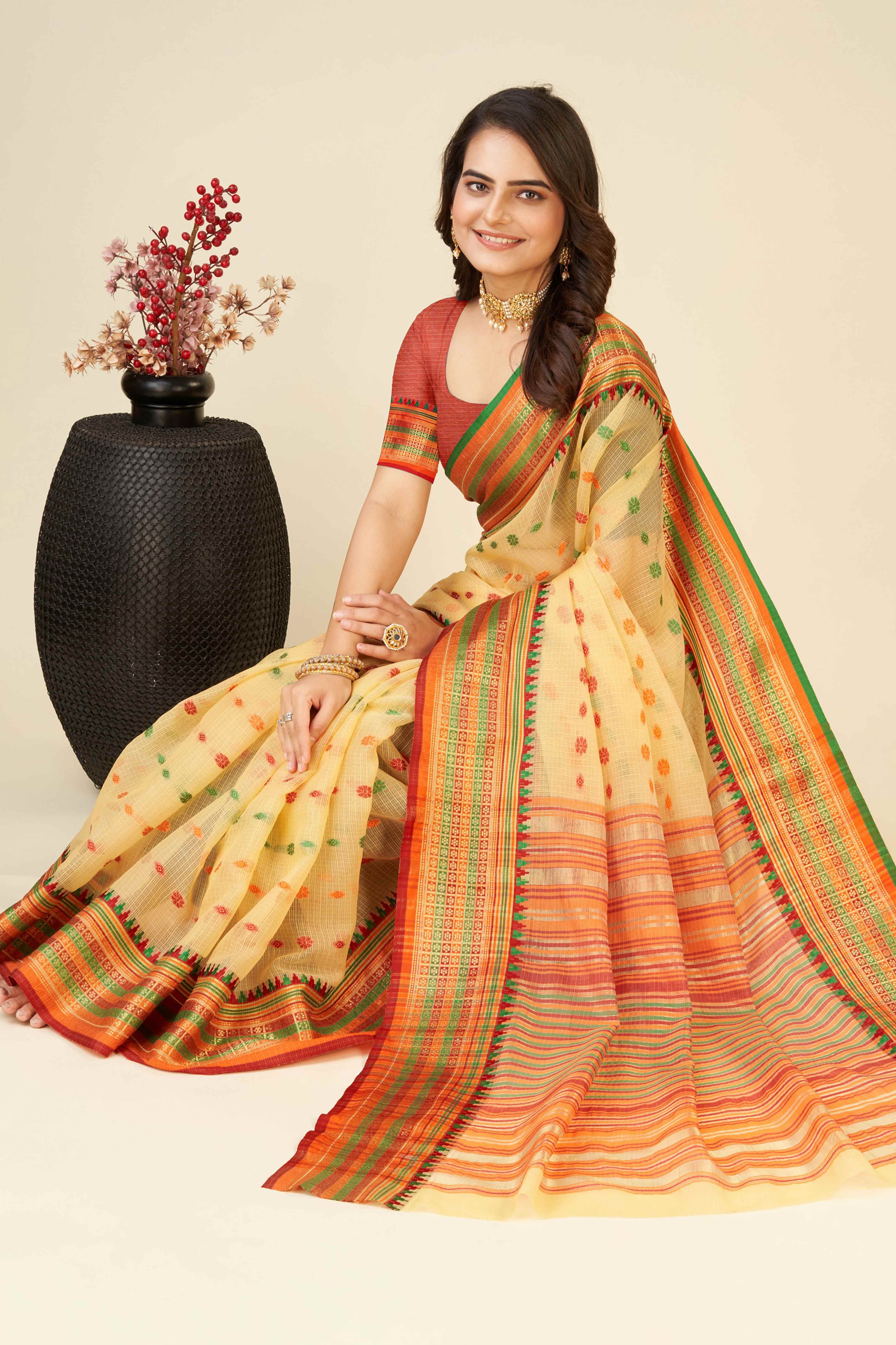 Light Yellow Zari Weaving Cotton Silk Saree - Image 4