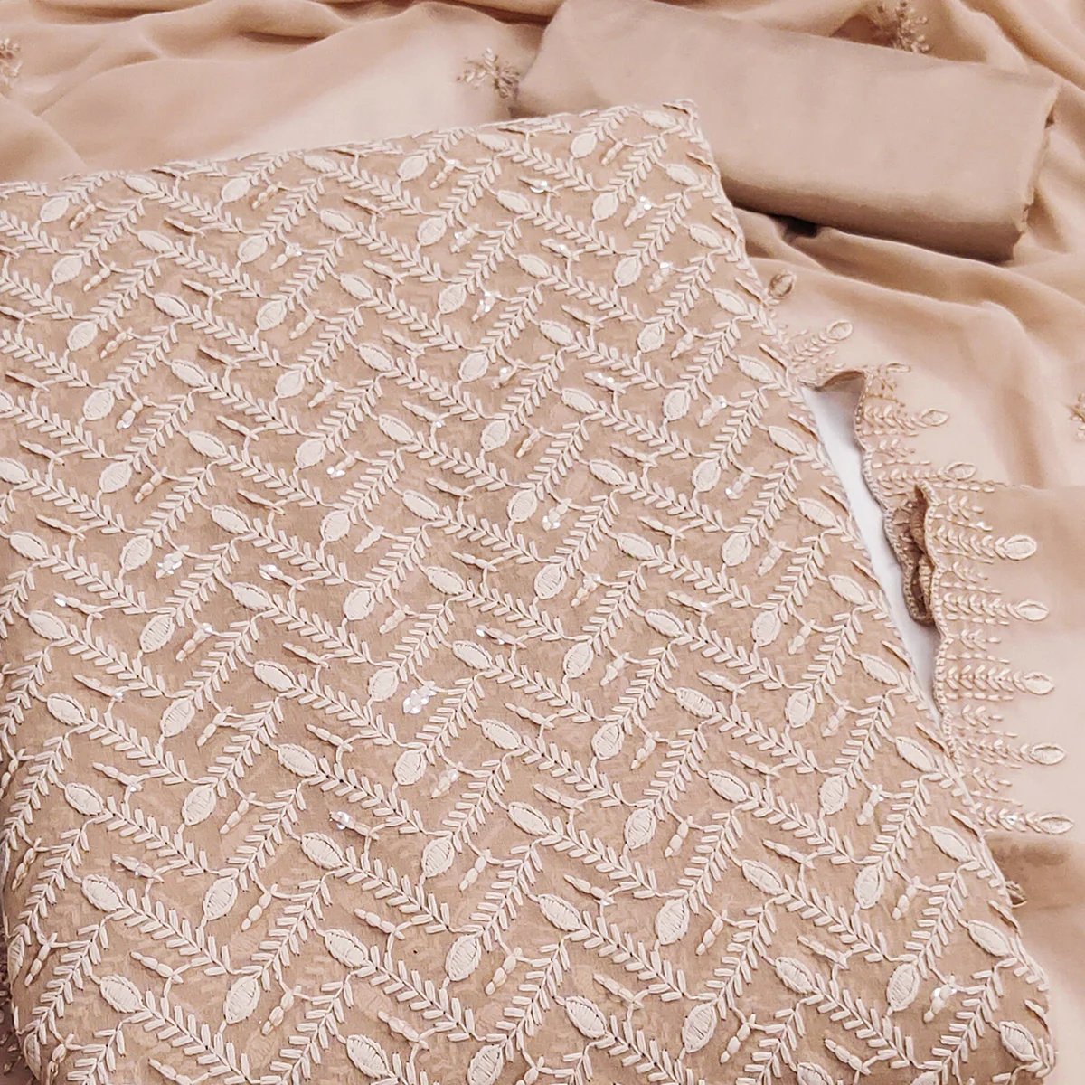 Lightweight Beige Georgette Dress Material Adorned with Beautiful Floral Embroidery - Image 2