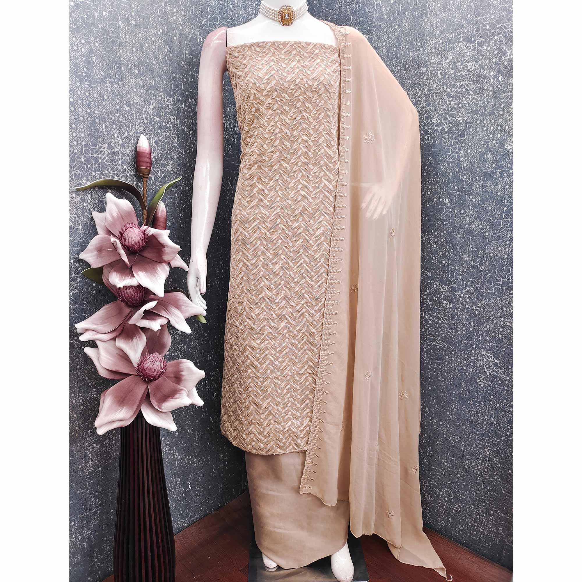 Lightweight Beige Georgette Dress Material Adorned with Beautiful Floral Embroidery - Image 3
