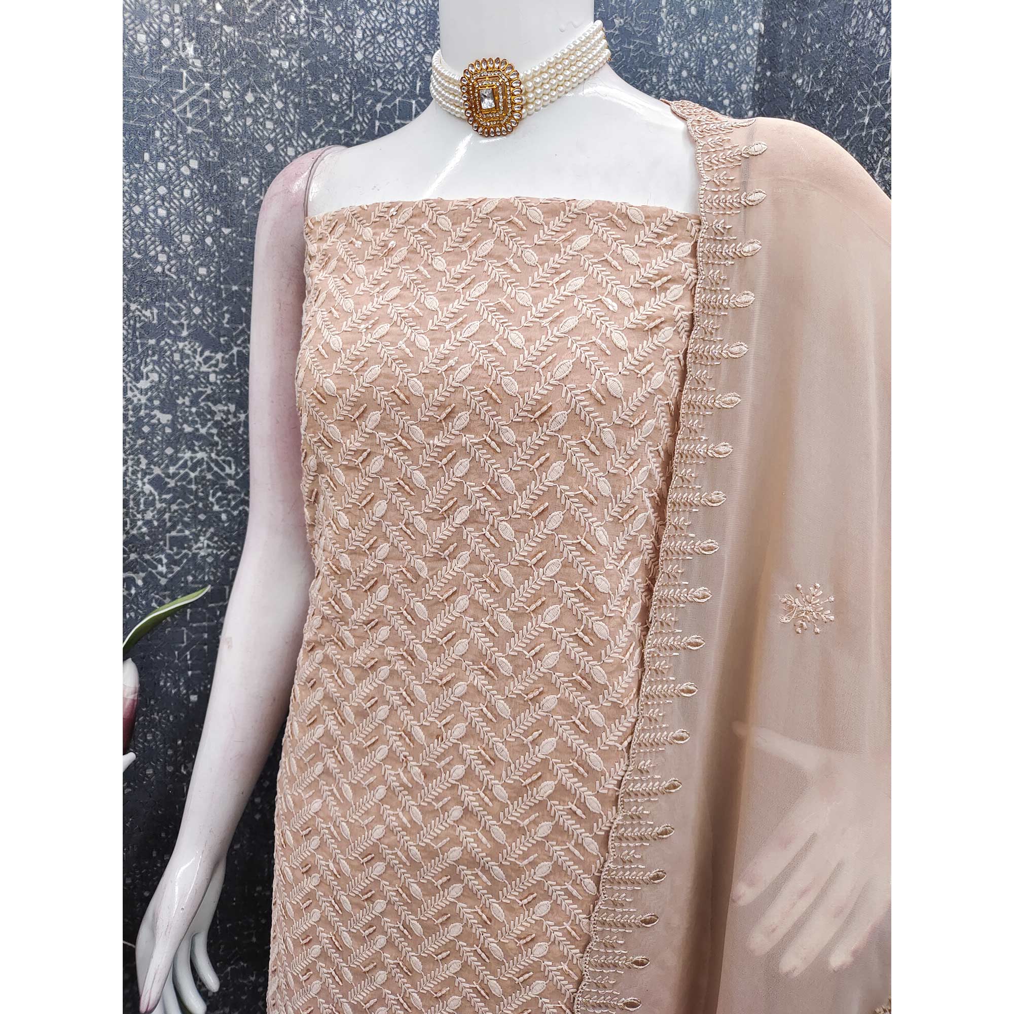 Lightweight Beige Georgette Dress Material Adorned with Beautiful Floral Embroidery - Image 4