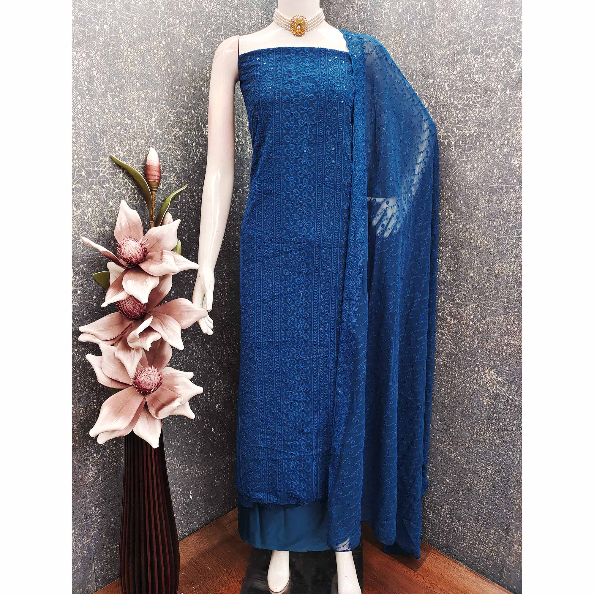 Lightweight Blue Georgette Dress Material Adorned with Beautiful Floral Embroidery - Image 3