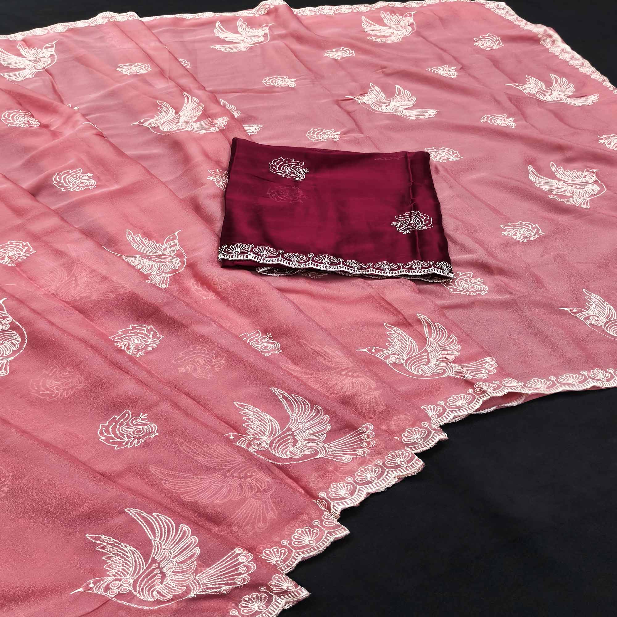 Lightweight Chiffon Saree in Dusty Pink with Exquisite Thread Embroidered Detailing - Image 3