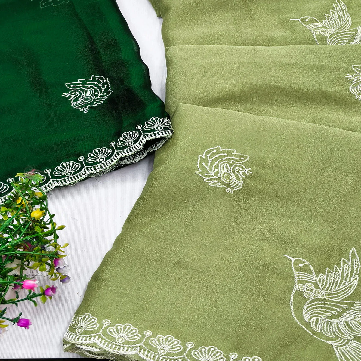 Lightweight Chiffon Saree in Green with Exquisite Thread Embroidered Detailing - Image 2
