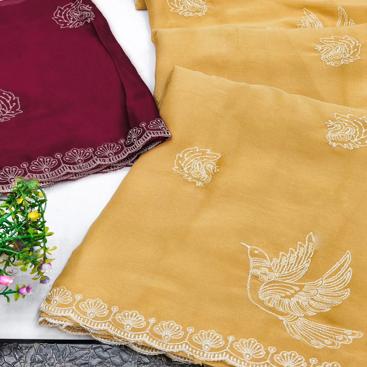 Lightweight Chiffon Saree in Yellow with Exquisite Thread Embroidered Detailing - Image 2