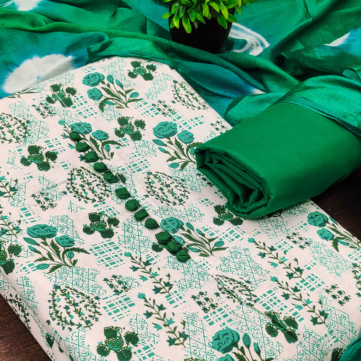Lightweight Cream & Green Cotton Dress Material with Beautiful Floral Print Detailing - Image 2