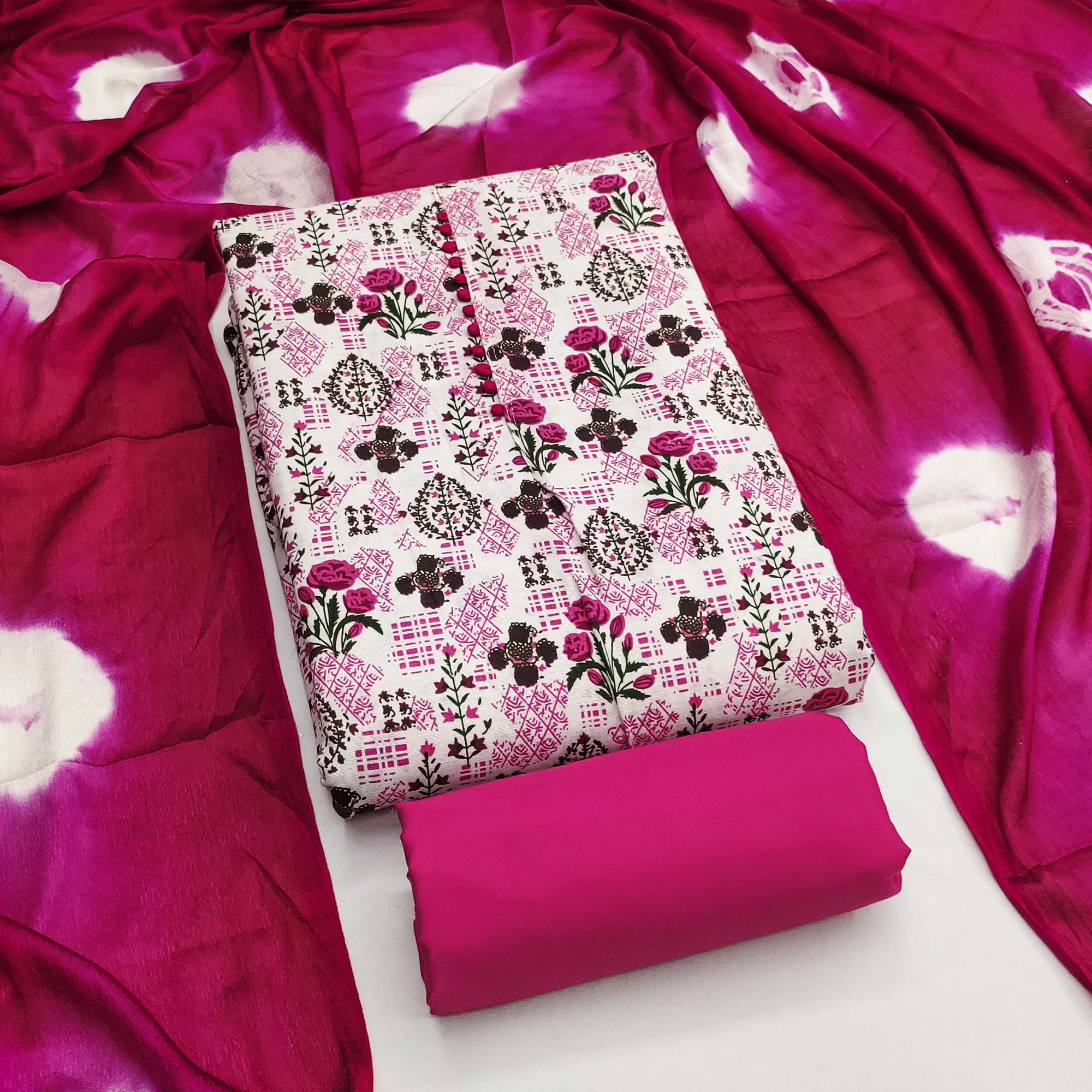 Lightweight Cream & Pink Cotton Dress Material with Beautiful Floral Print Detailing - Image 3