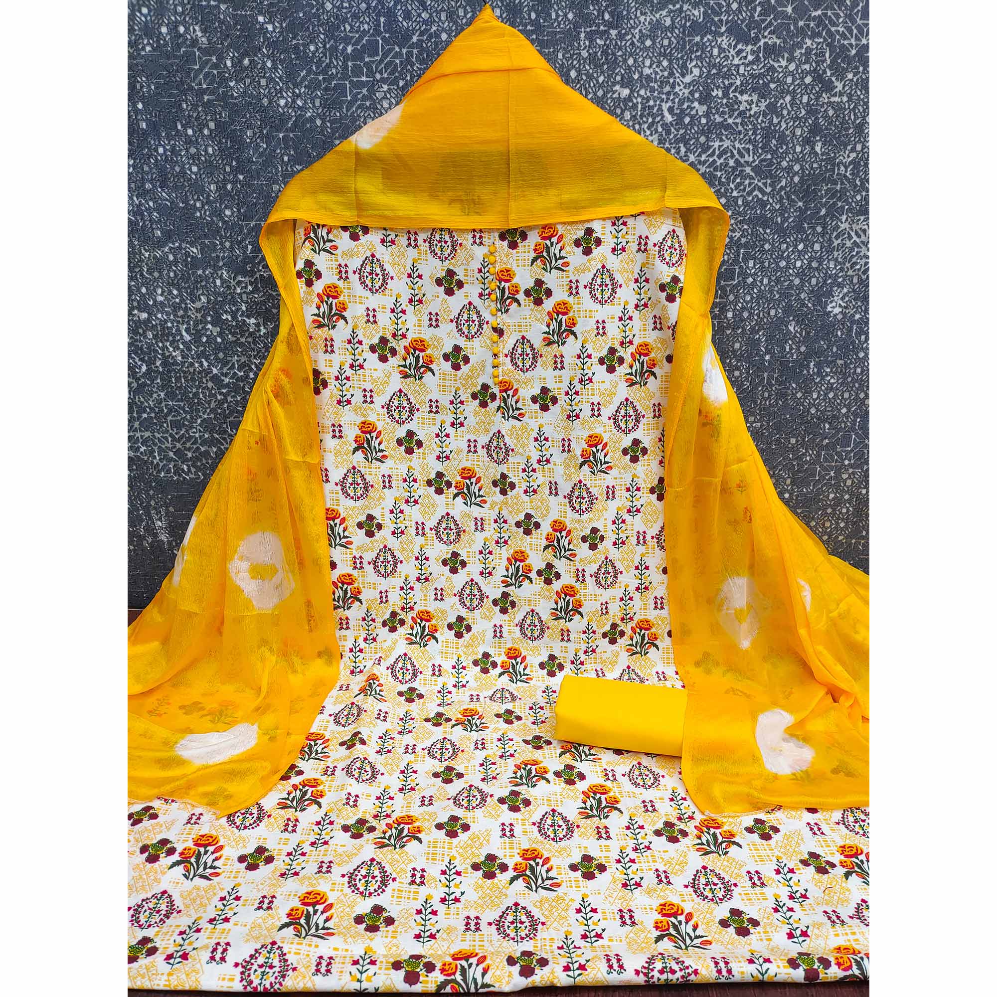 Lightweight Cream & Yellow Cotton Dress Material with Beautiful Floral Print Detailing - Image 4