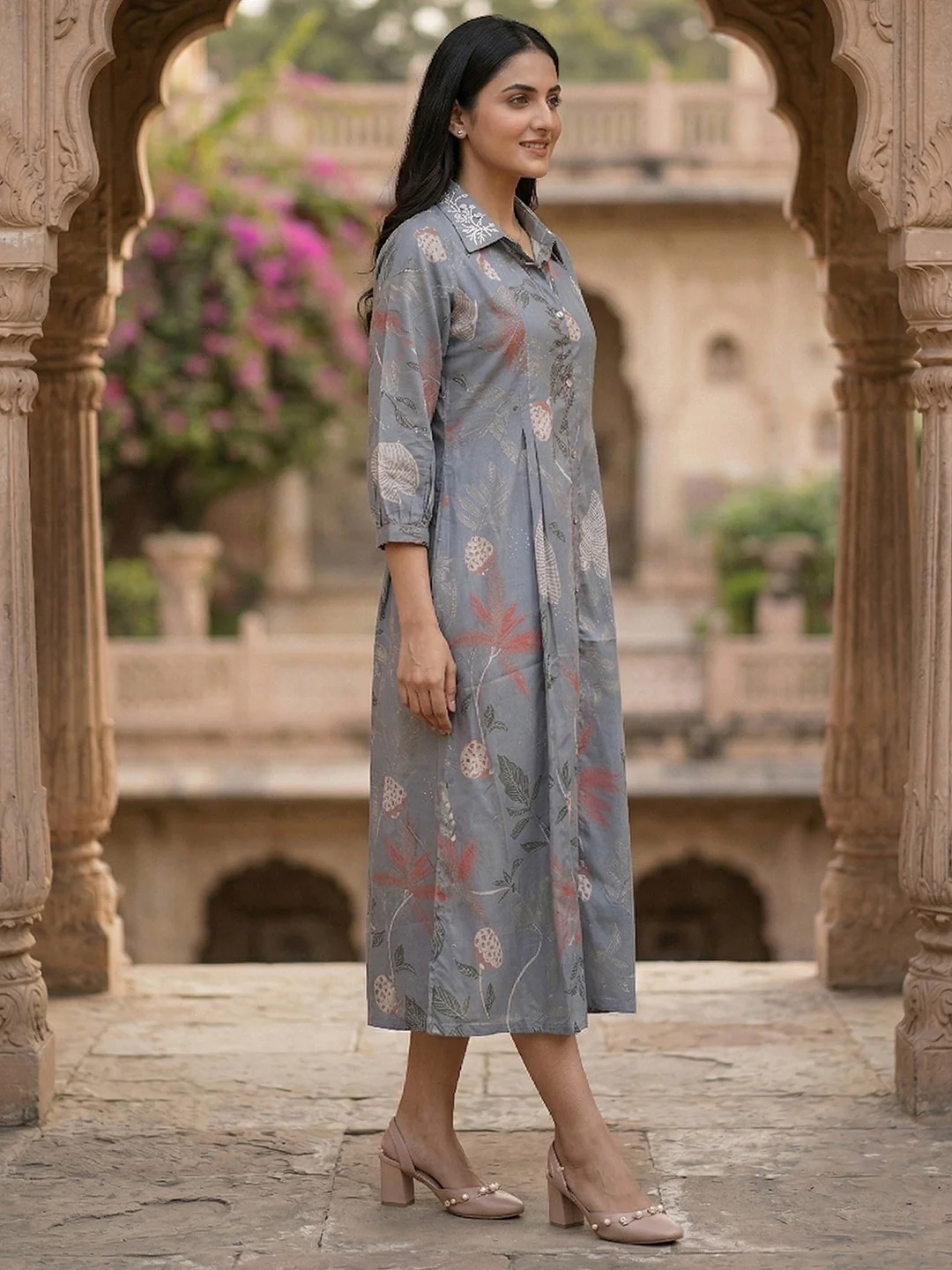 Lightweight Dusty Blue Floral Printed Viscose Dress with Collared Neck for Summer Wear - Image 2
