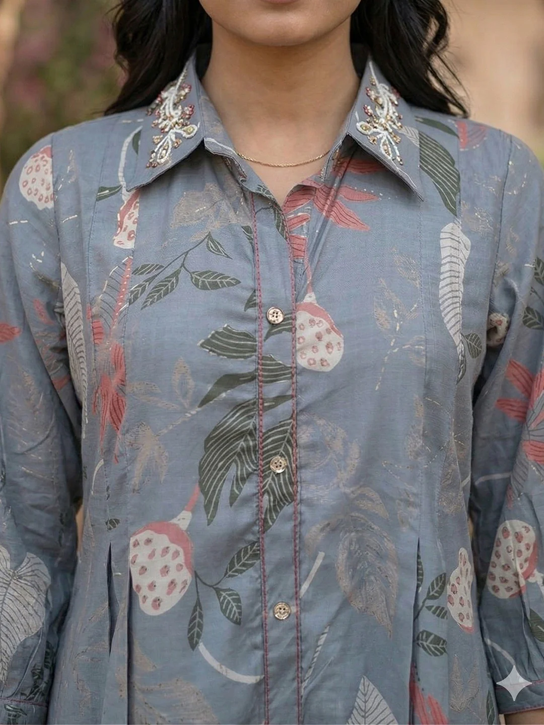 Lightweight Dusty Blue Floral Printed Viscose Dress with Collared Neck for Summer Wear - Image 3