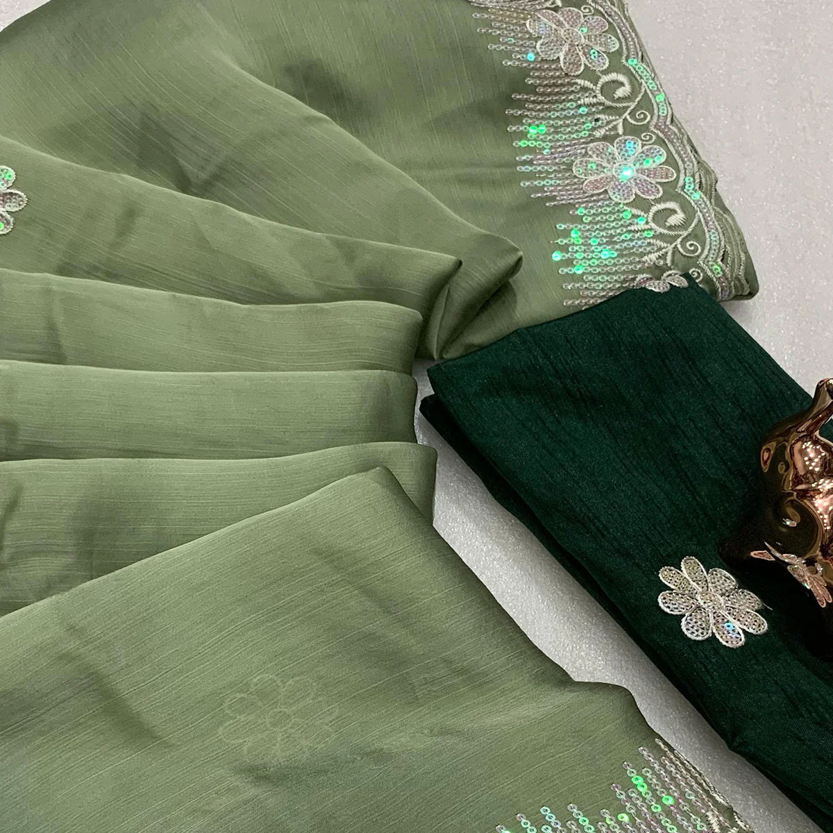 Lightweight Green Embroidered Saree with Shimmering Sequins on Chiffon - Image 2