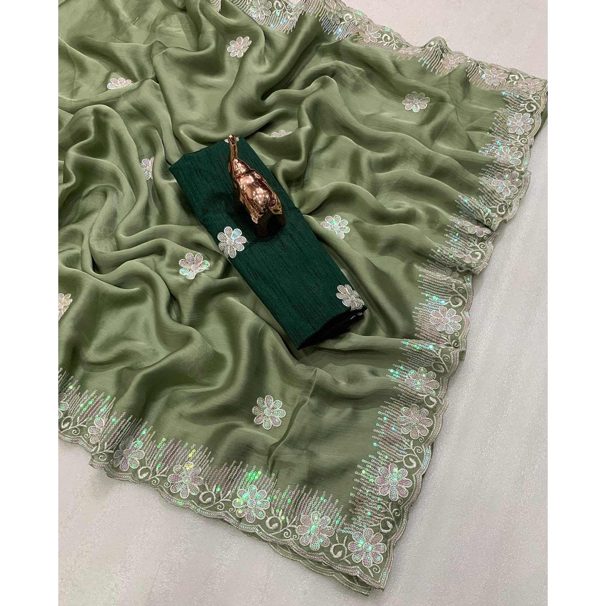 Lightweight Green Embroidered Saree with Shimmering Sequins on Chiffon - Image 3