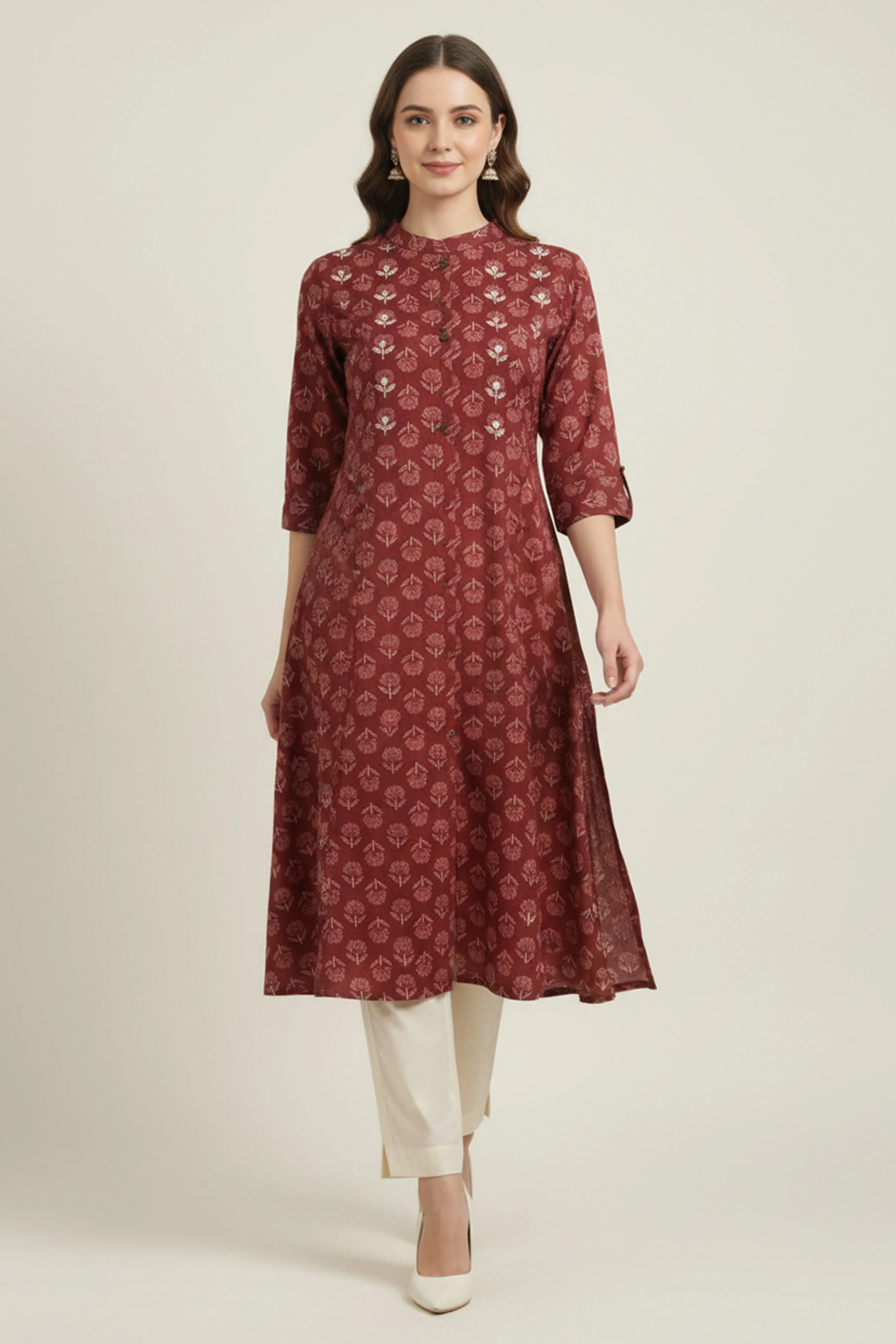 Lightweight Maroon Floral Printed A-Line Kurti Perfect for Everyday Styling and Comfort