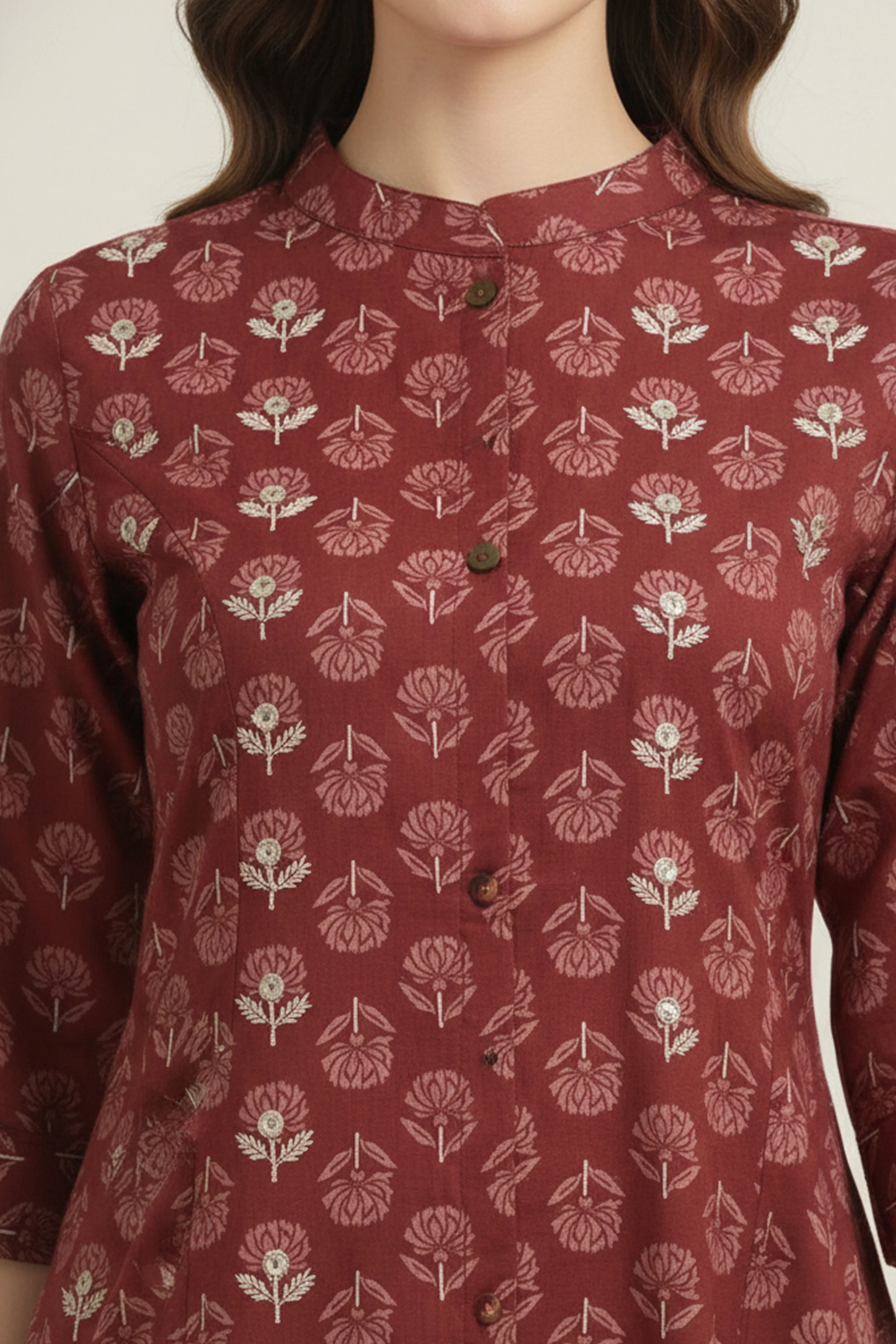 Lightweight Maroon Floral Printed A-Line Kurti Perfect for Everyday Styling and Comfort - Image 2