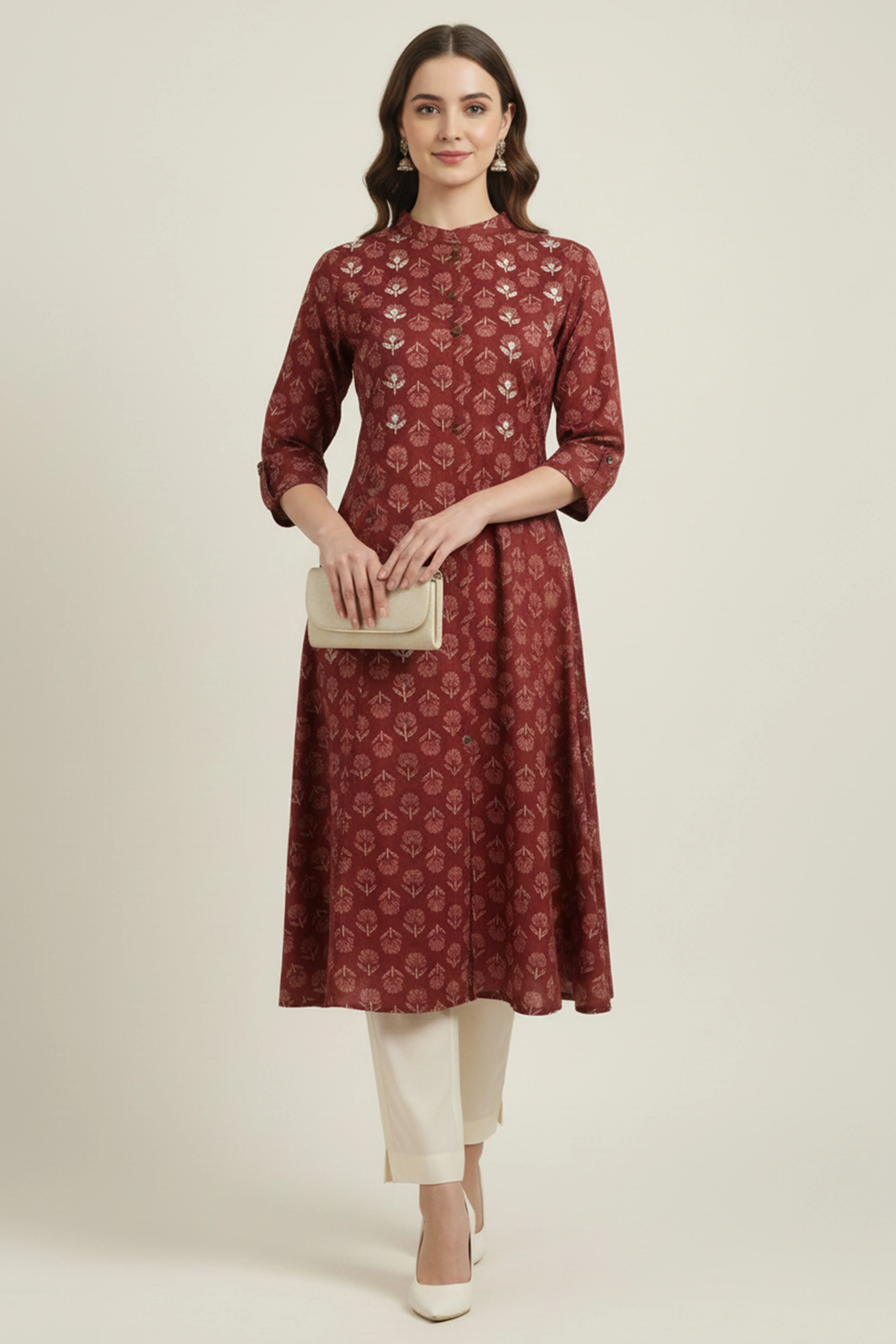 Lightweight Maroon Floral Printed A-Line Kurti Perfect for Everyday Styling and Comfort - Image 4