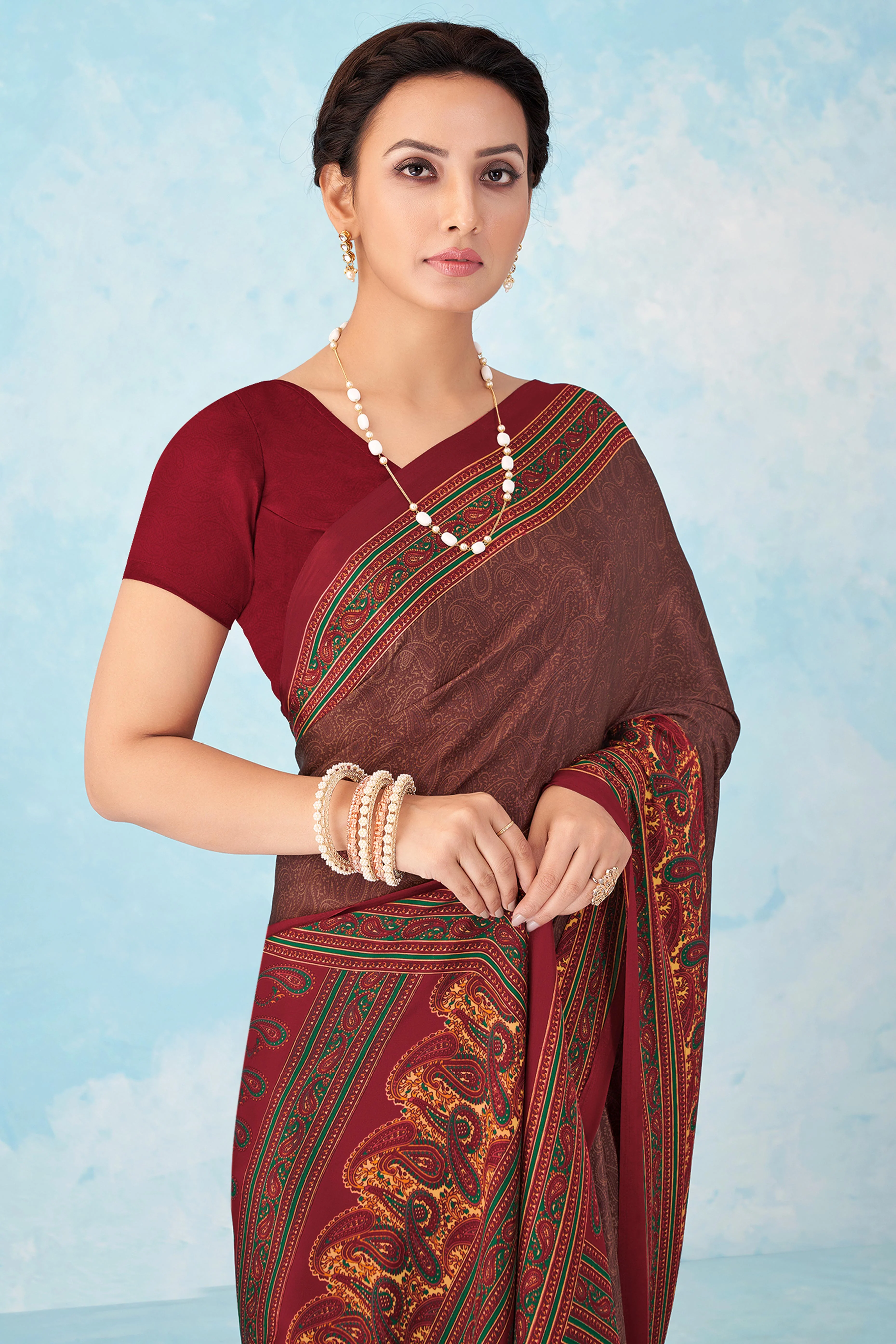 Lightweight Maroon Paisley Printed Saree in Luxurious Silk Crepe - Image 3