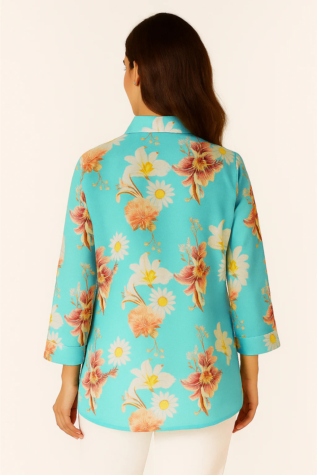 Lightweight Muslin Shirt Top in Turquoise Floral Design - Image 3